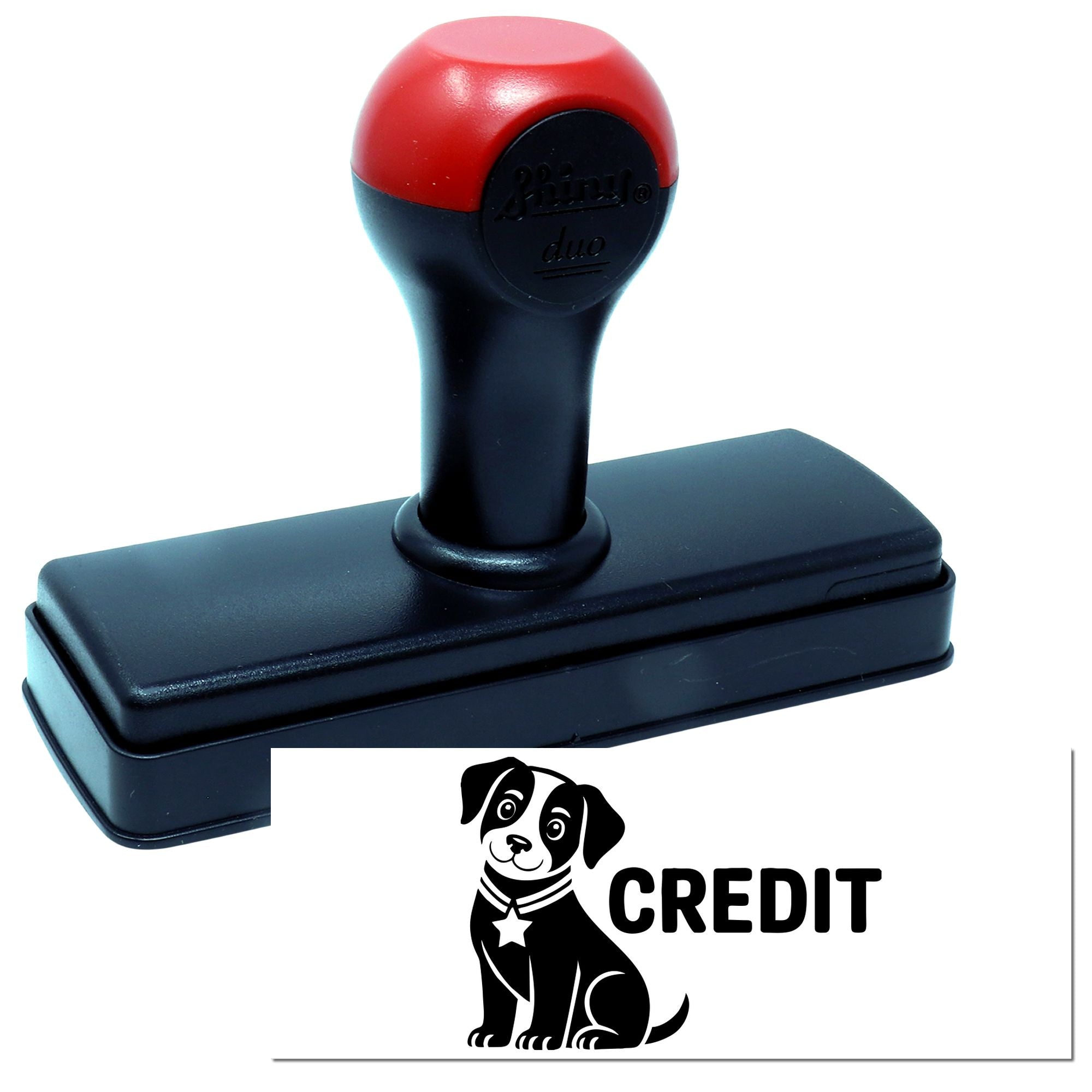 Red-and-black self-inking stamp with dog CREDIT seal, black base, on white background.