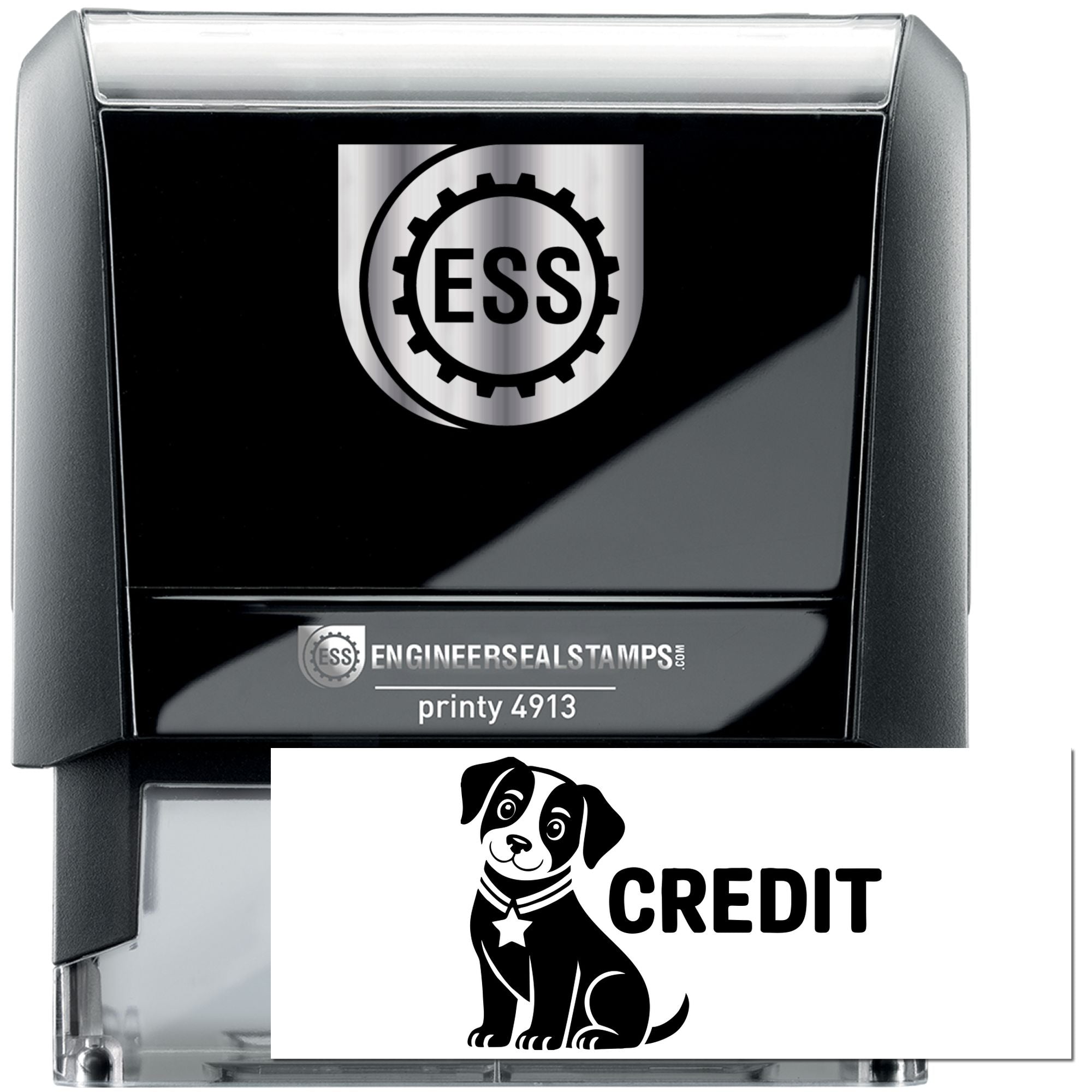 Black self-inking stamp and seal product with silver ESS logo, glossy black body, and white CREDIT dog design insert.