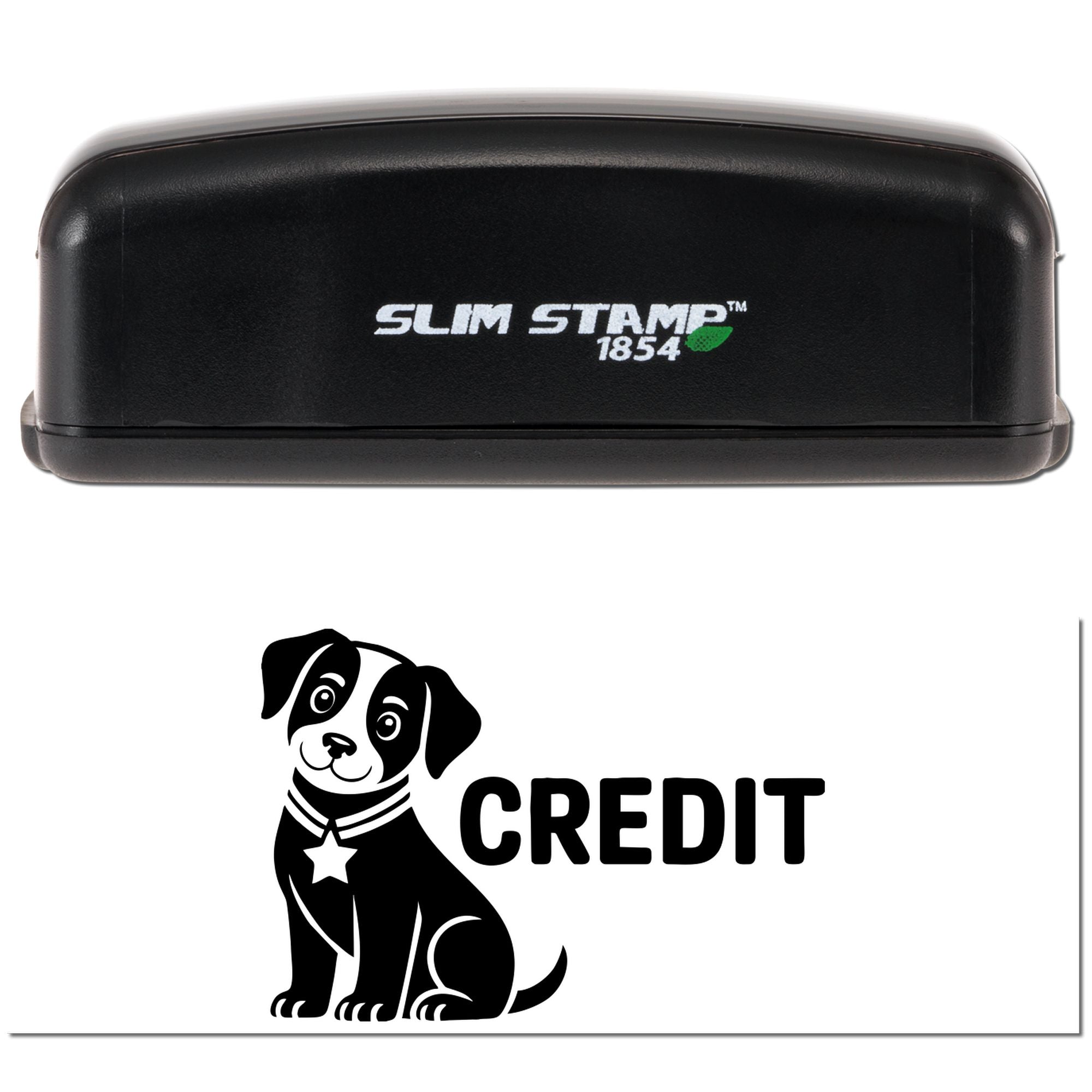 Black Slim Stamp 1854 self-inking stamp with green leaf logo and black credit dog seal on white background.