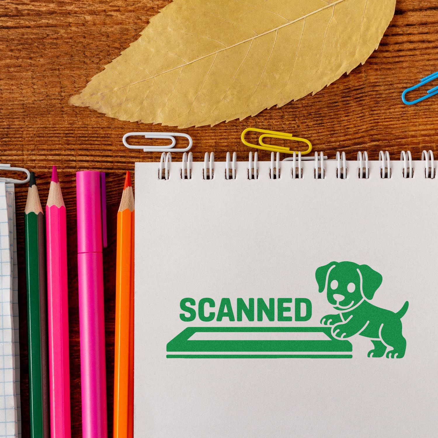 White spiral notebook with green SCANNED stamp and dog seal, colorful pencils, paper clips, and a tan leaf on wood.