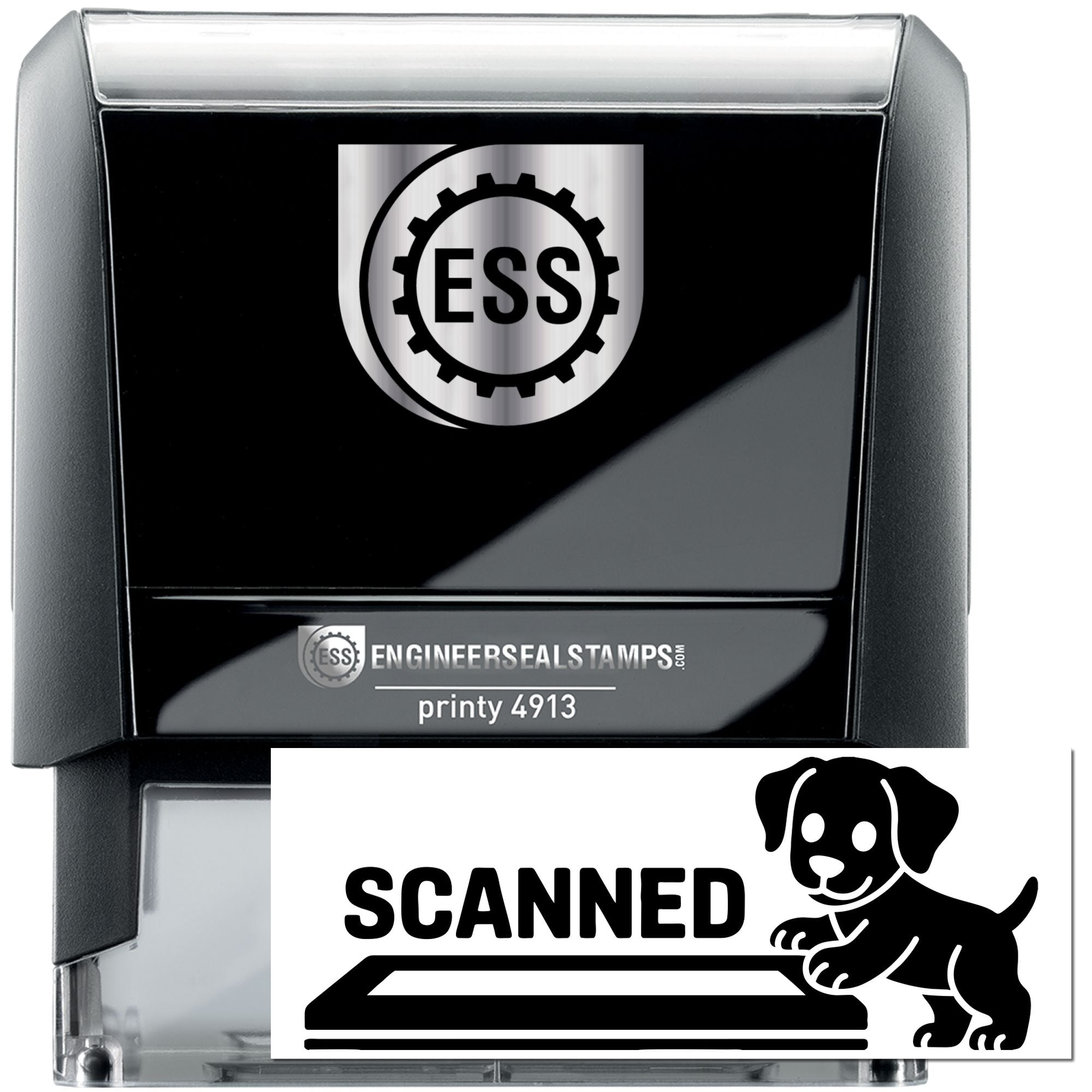 Black and silver self-inking engineer seal stamp with ESS logo, clear case, and scanned dog seal graphic