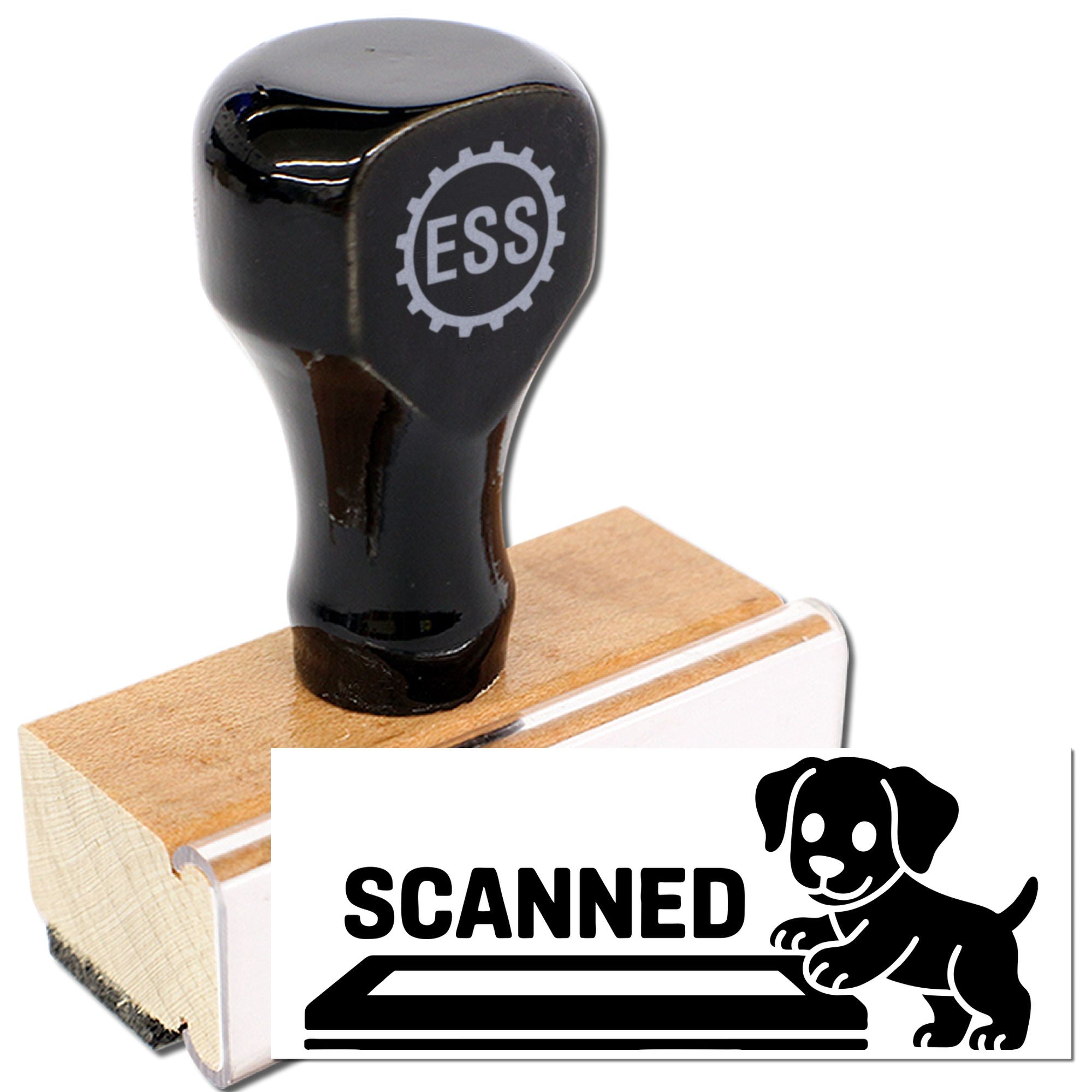 Black ESS rubber stamp with wooden mount and white scanned dog seal block.