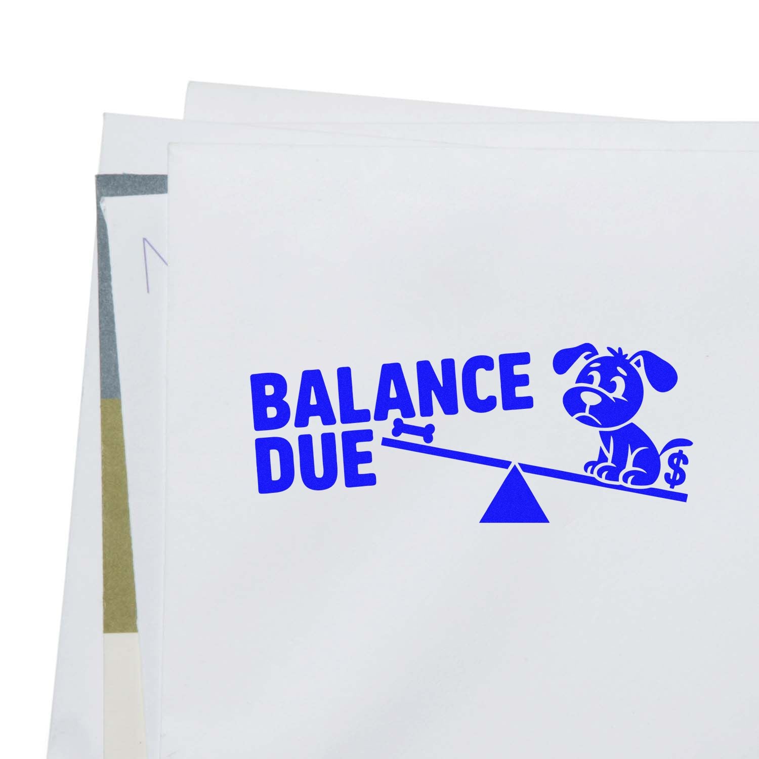 Blue BALANCE DUE rubber stamp/seal with dog on a scale on white paper