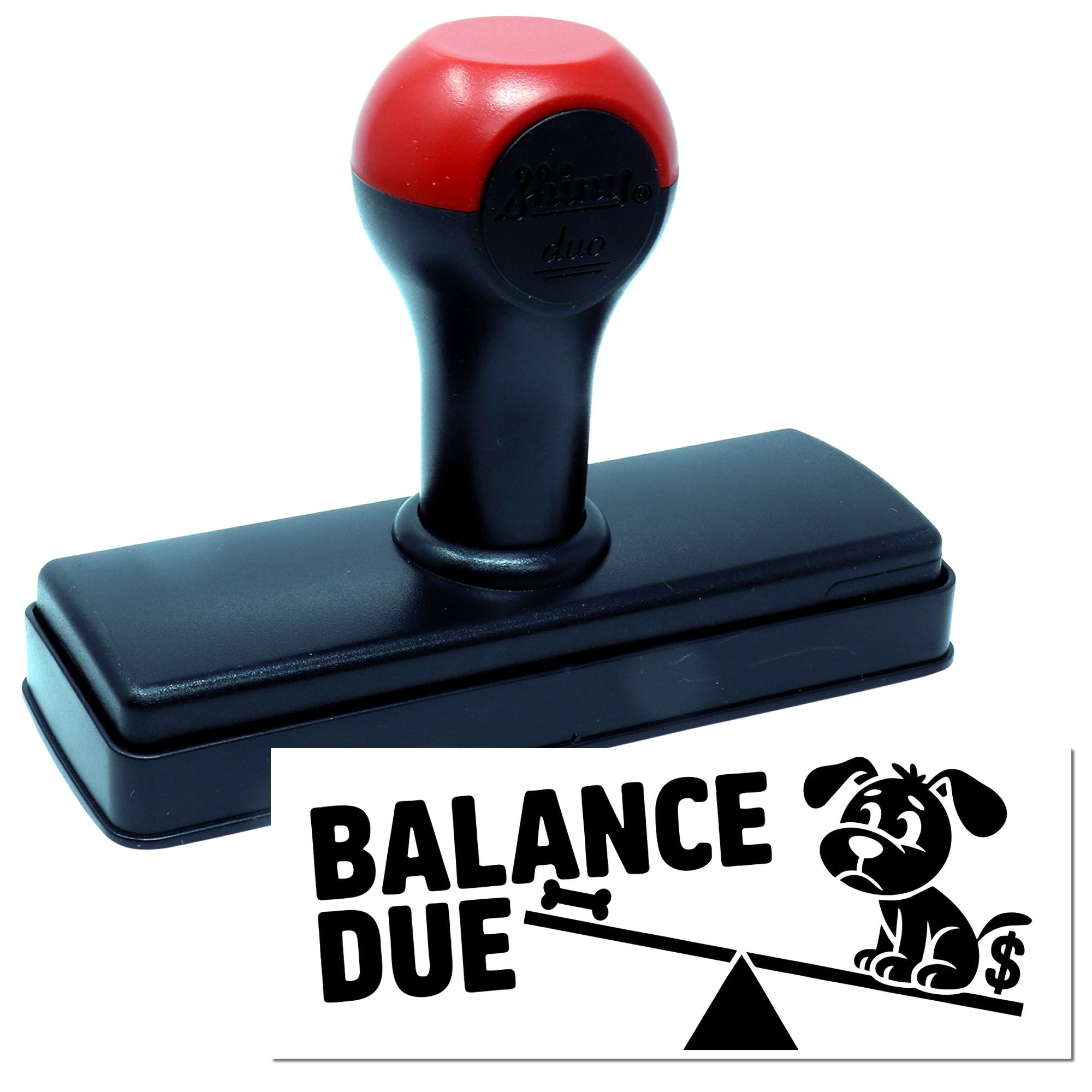 Red-and-black self-inking stamp with BALANCE DUE seal and dog graphic imprint