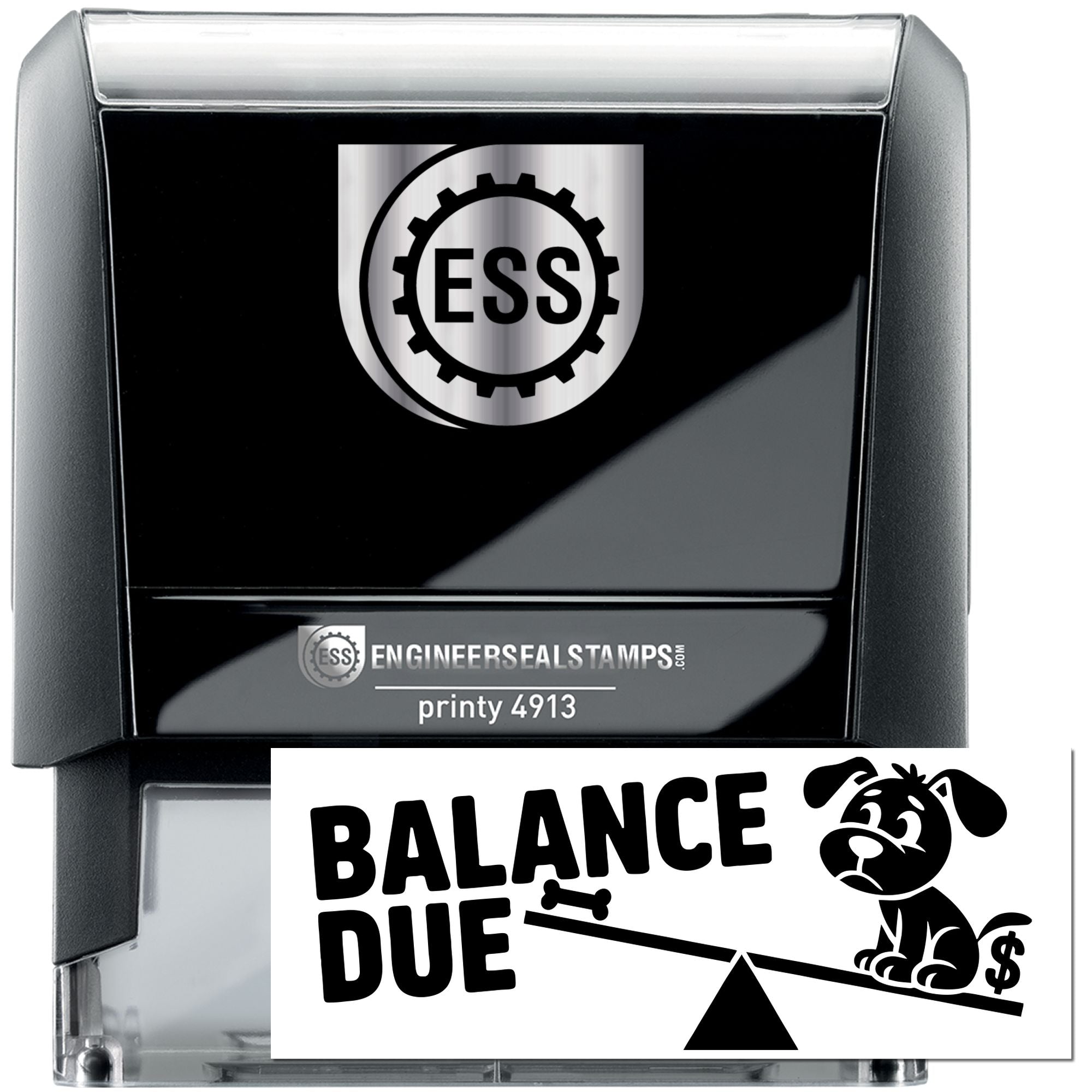 Black self-inking engineer seal stamp, black and silver, with ESS gear logo and Balance Due imprint on clear housing.