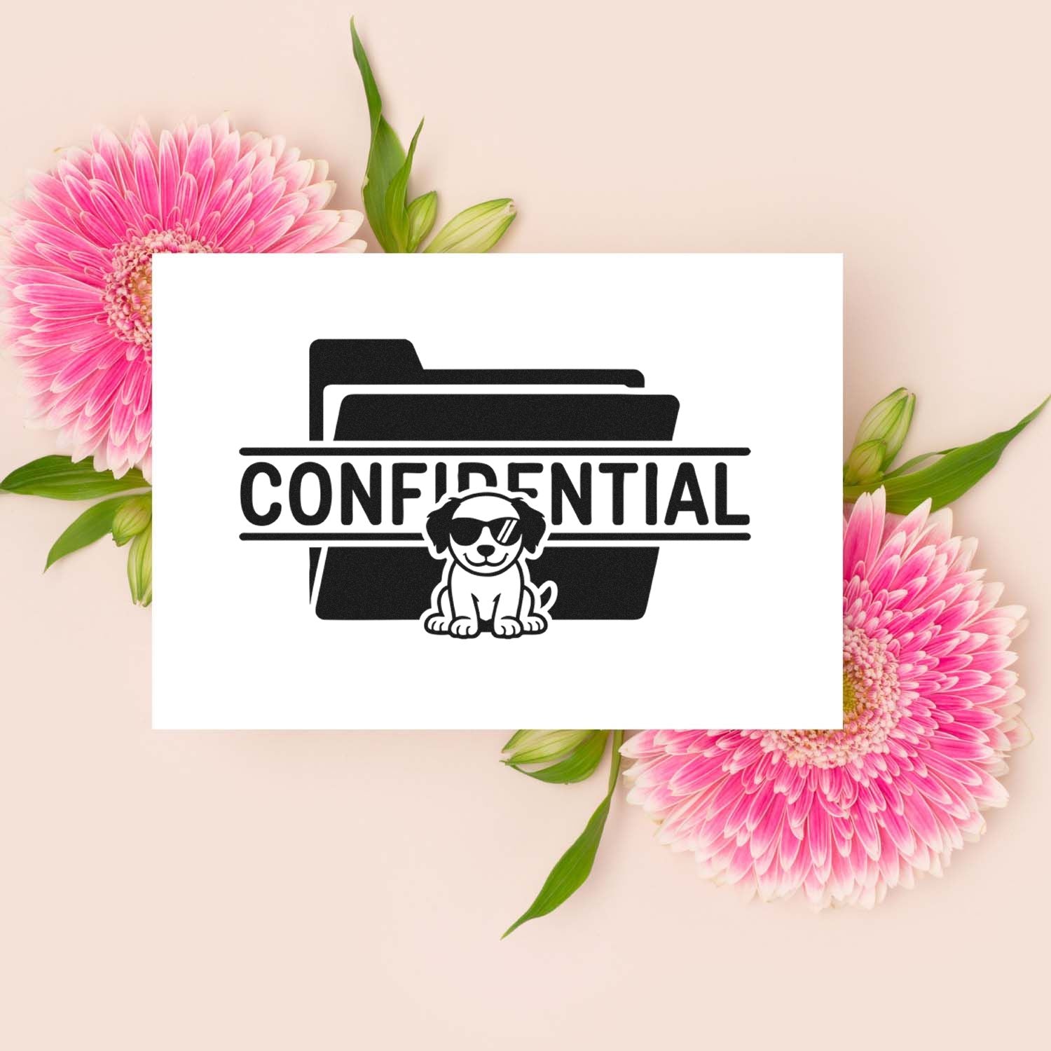 Black confidential stamp and seal with folder icon and sunglasses dog, on white card with pink flowers and green leaves.