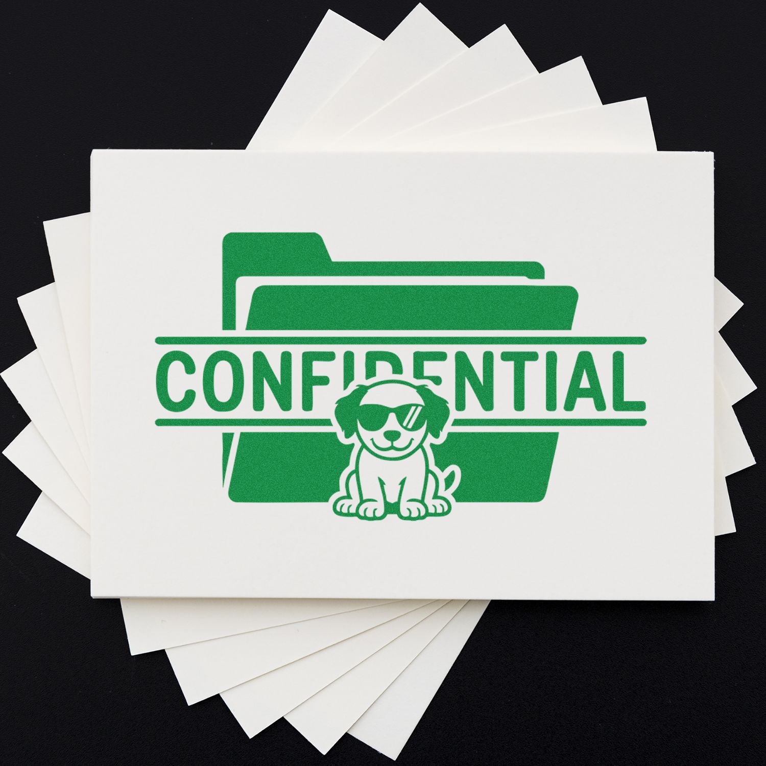 Green confidential stamp and seal on stacked white cards, featuring a sunglasses dog logo, on a black background.