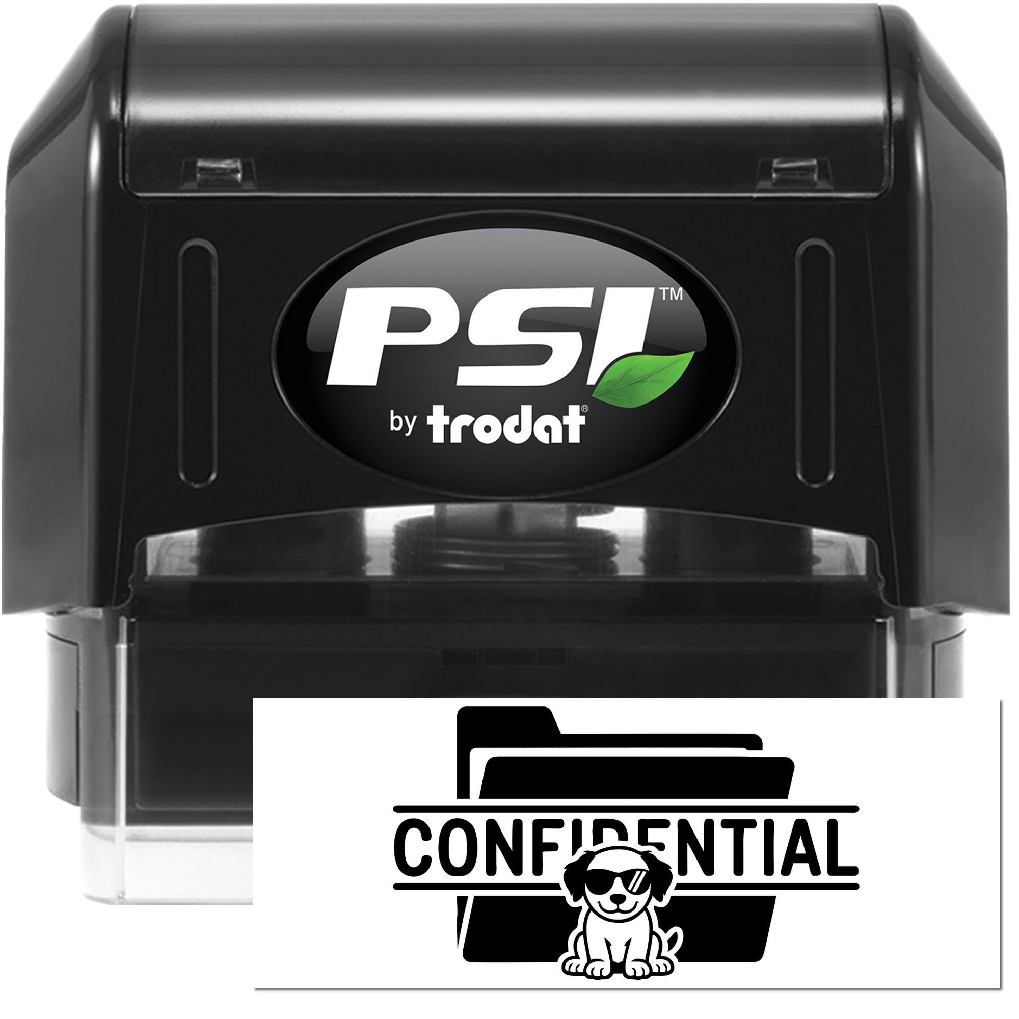 Black self-inking PSI by Trodat stamp and seal set with green leaf logo, plus white Confidential folder seal card with dog icon.
