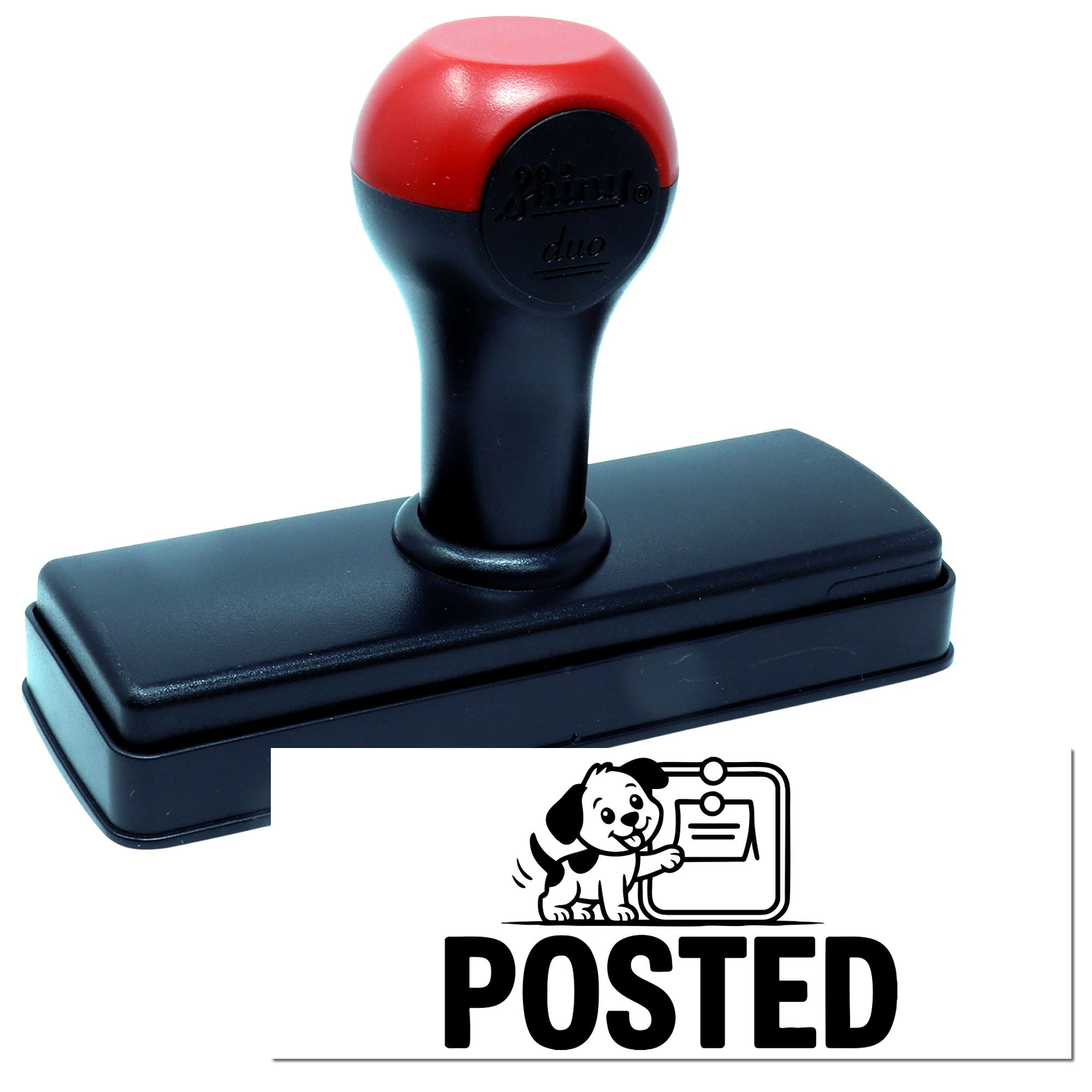 Red and black self-inking stamp and seal with posted text and dog logo.