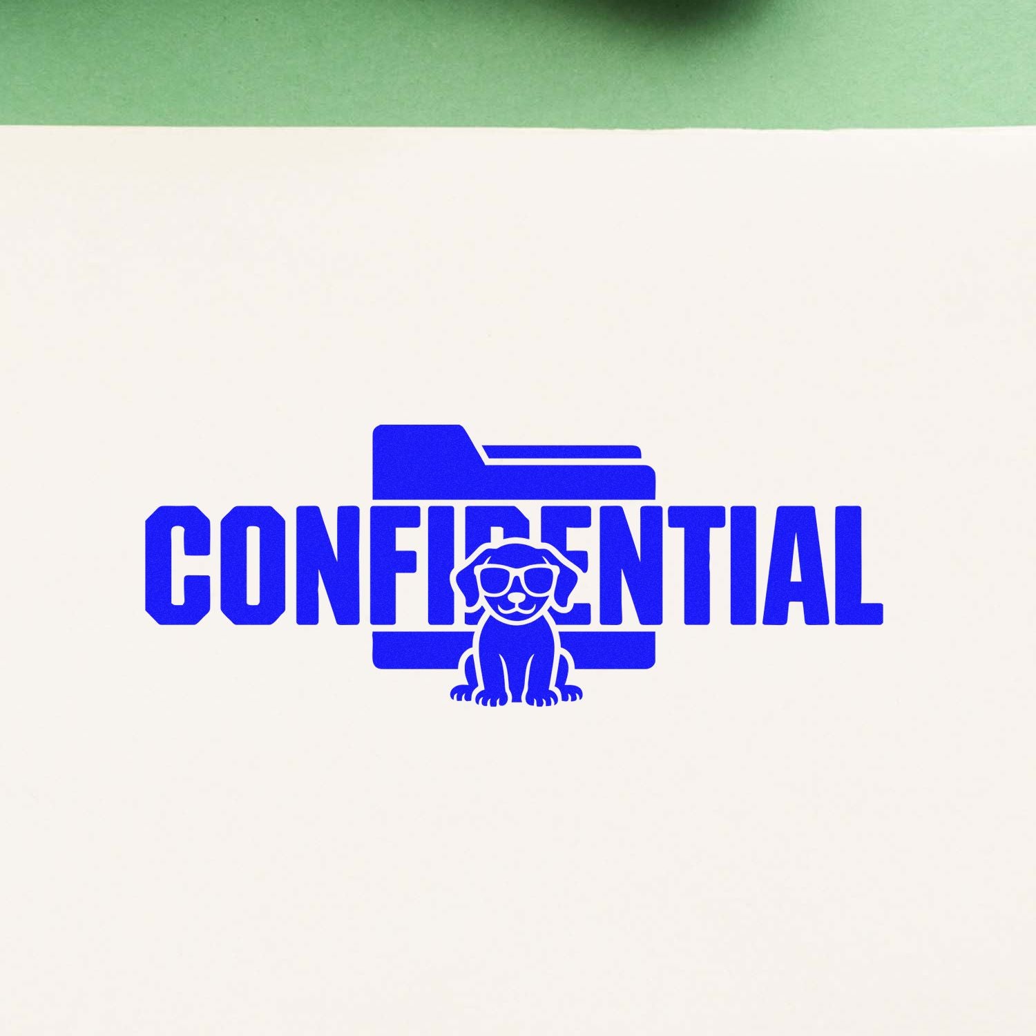 Blue CONFIDENTIAL stamp and seal with folder icon and dog logo on white paper, green top border.