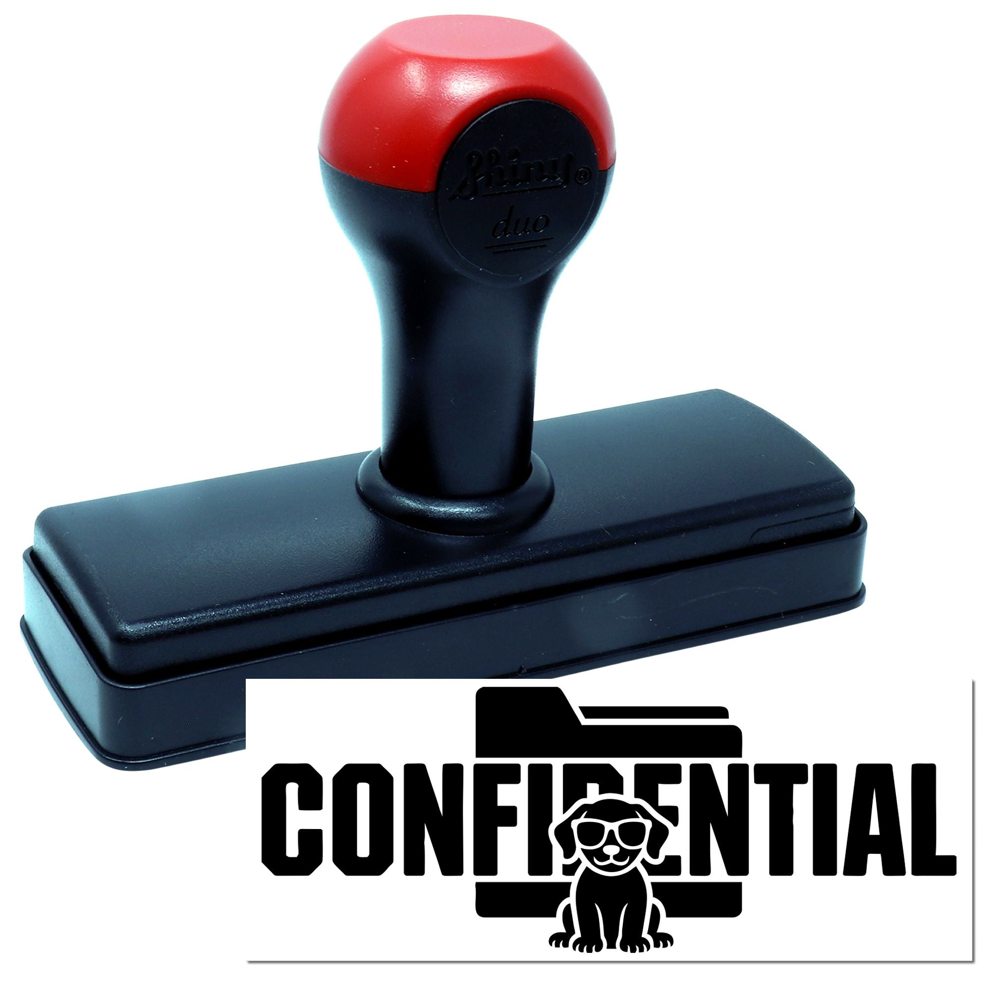 Red and black self-inking stamp and seal with rectangular base and bold Confidential dog logo.