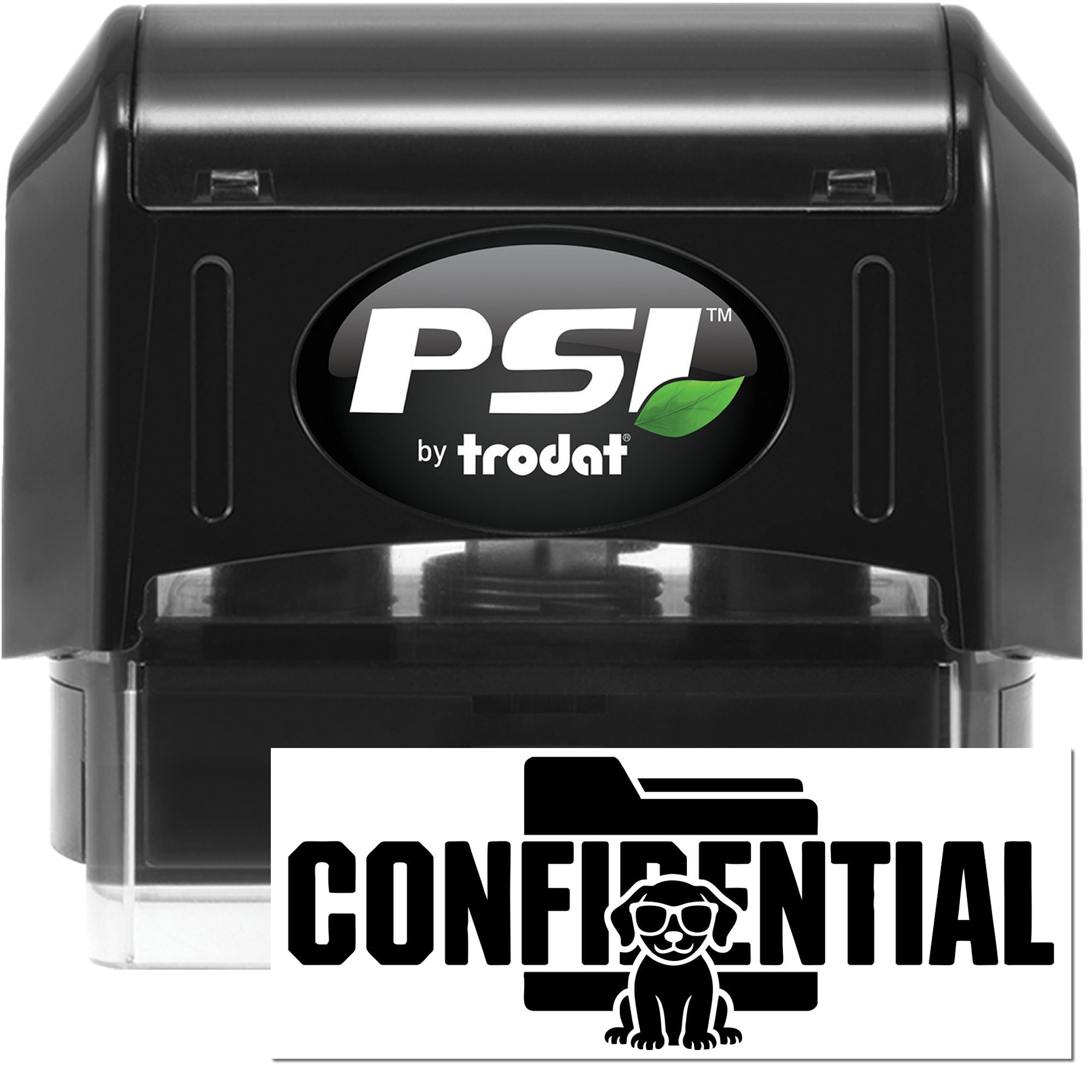 Black PSI by Trodat self-inking stamp and Confidential seal with dog icon on white background.