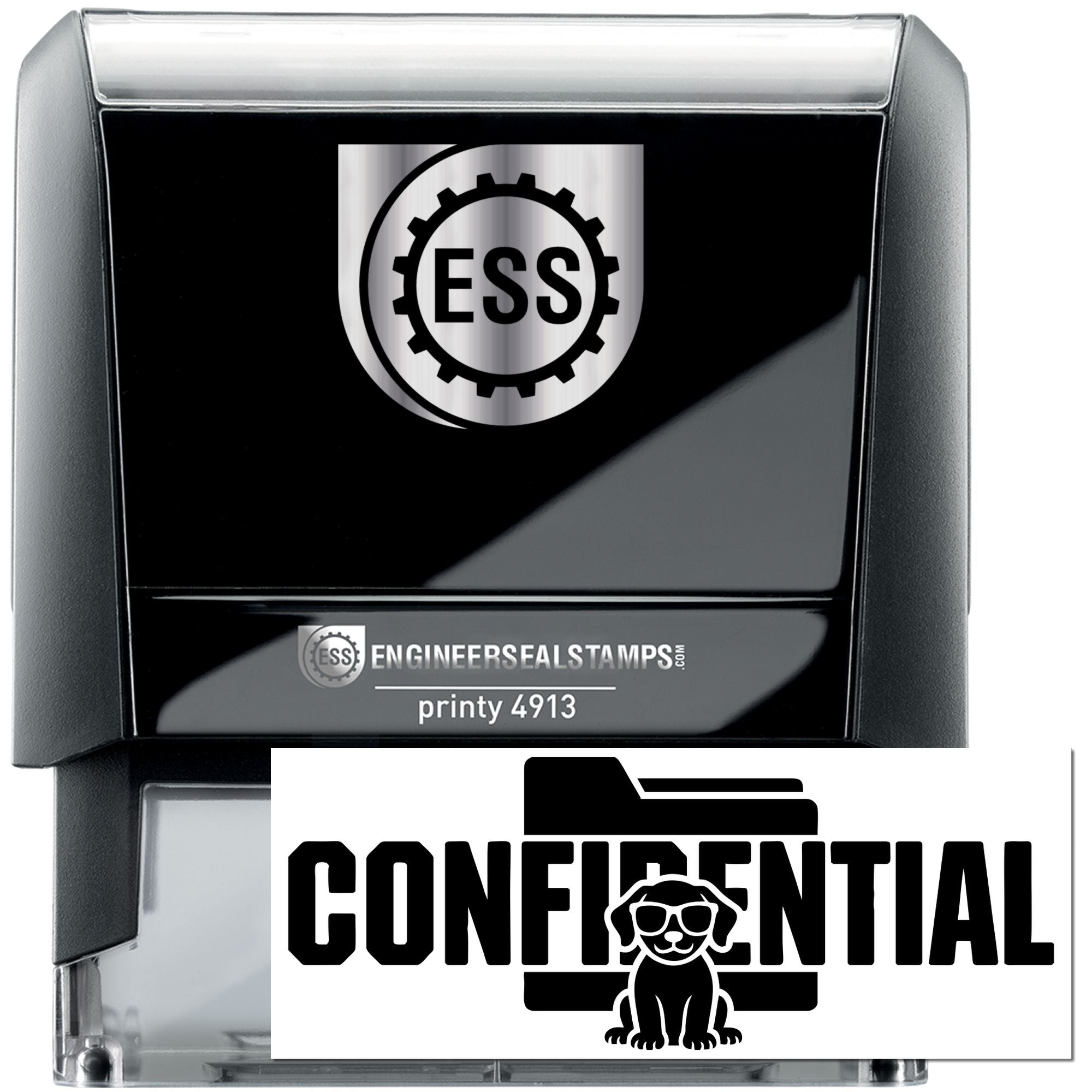 Black self-inking ESS stamp and white CONFIDENTIAL seal with dog icon, featuring silver accents.