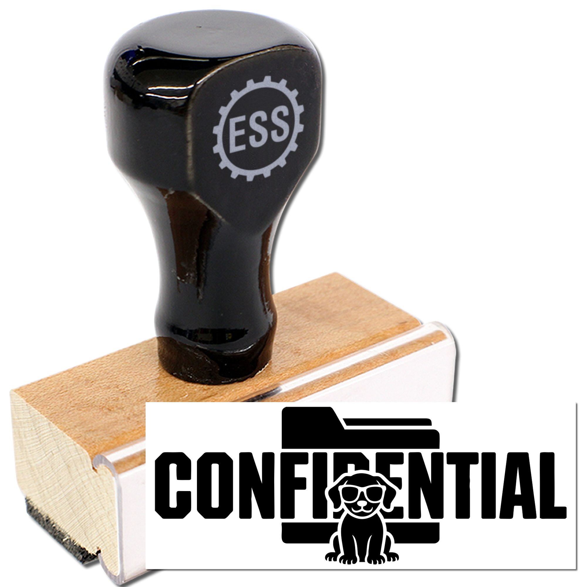 Black stamp and seal product with wooden base, ESS logo, and bold CONFIDENTIAL mark on white background.