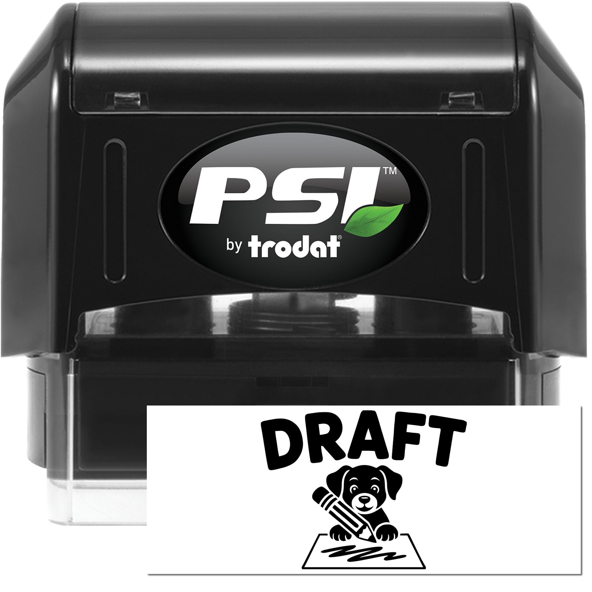 Black PSI by Trodat self-inking stamp and seal with draft dog logo on white insert.