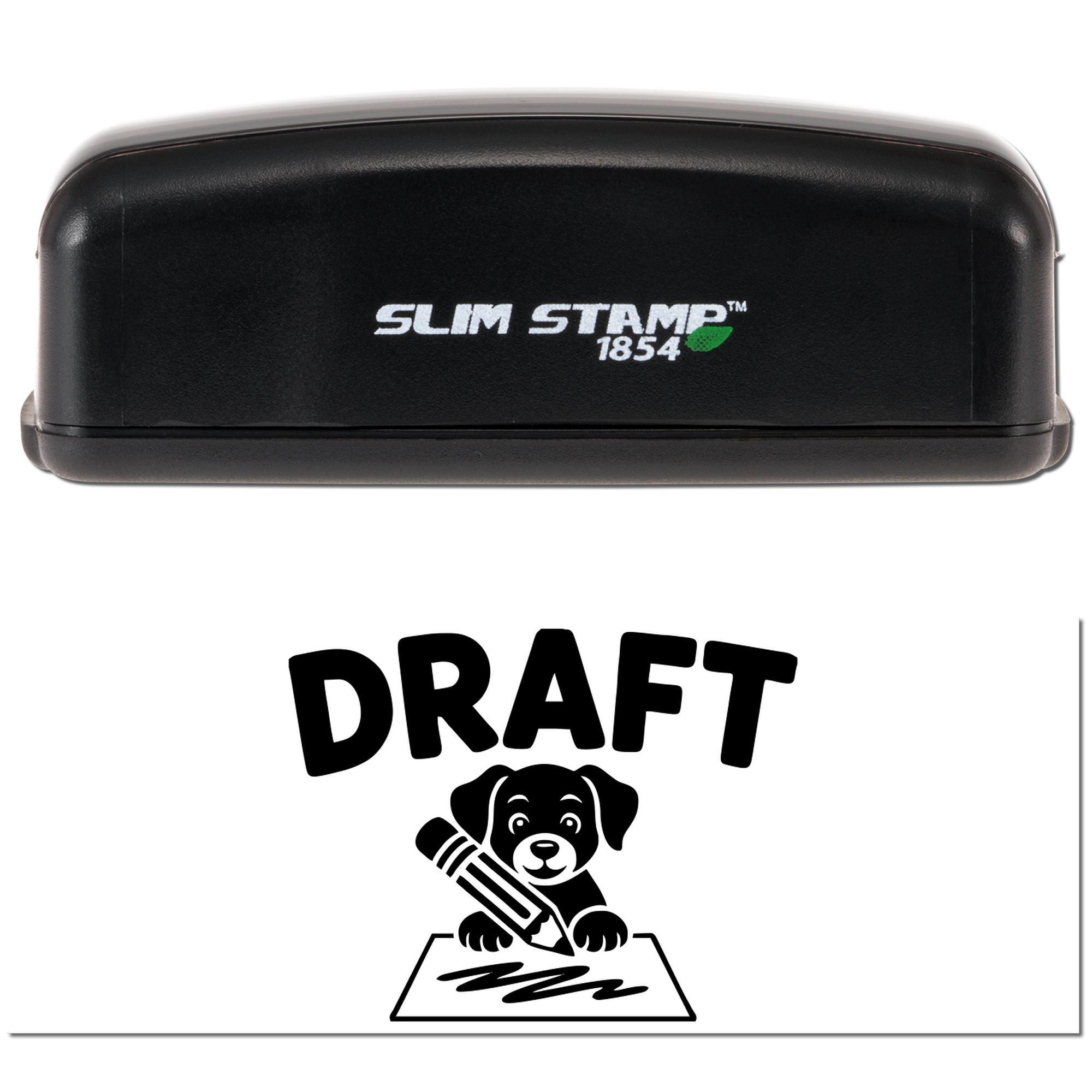 Black Slim Stamp 1854 stamp case with green accent above a bold DRAFT seal graphic and dog logo.