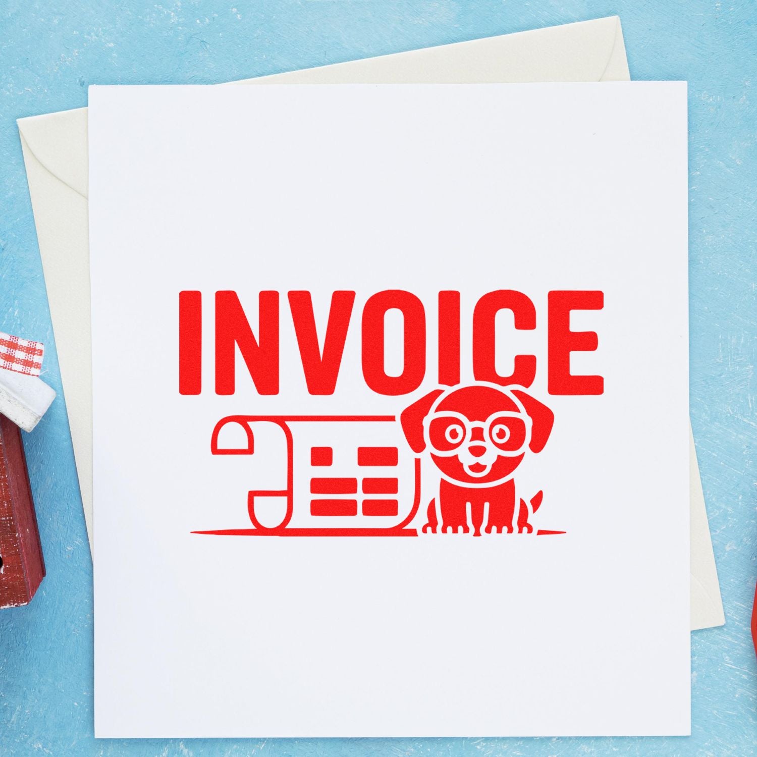 Red invoice stamp and seal design with dog icon on white paper, on a blue background with envelopes.