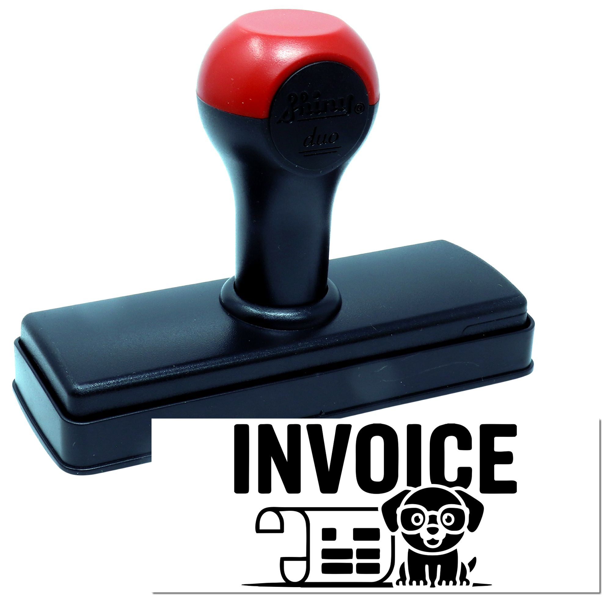Red and black self-inking invoice stamp and seal with rectangular base