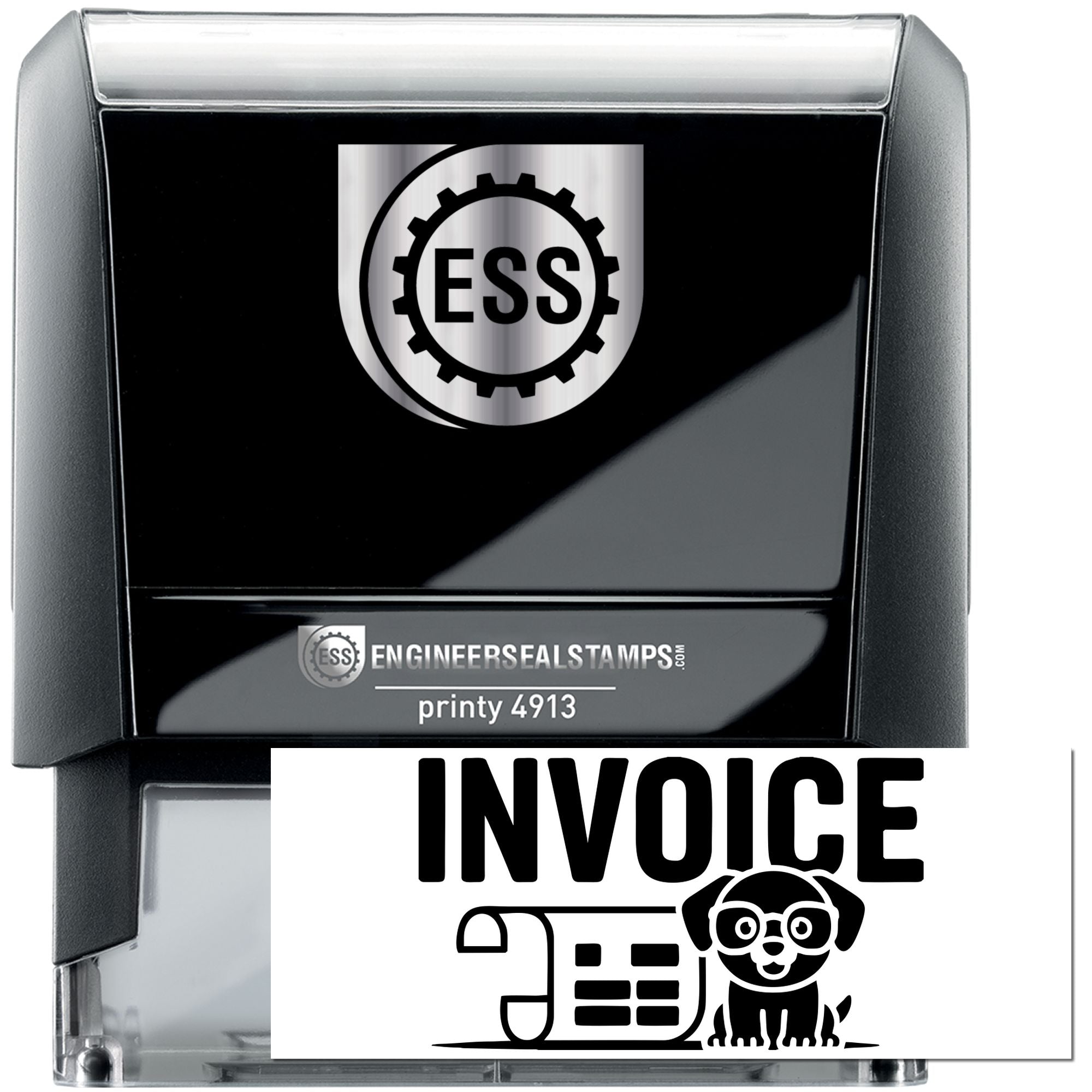Black self-inking engineer seal stamp with ESS logo, glossy finish, and bold INVOICE imprint.