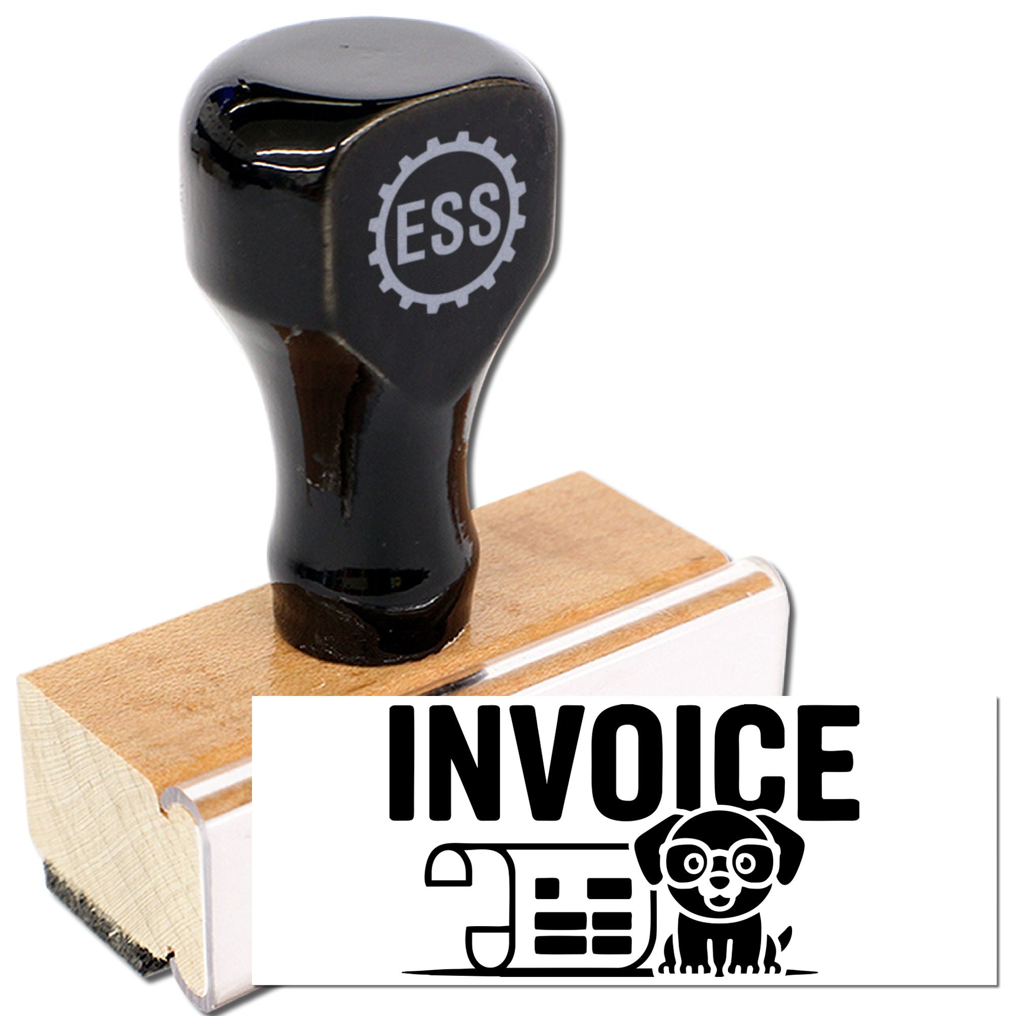 Black self-inking invoice stamp with ESS seal logo, wooden mount, and dog graphic on a white background.