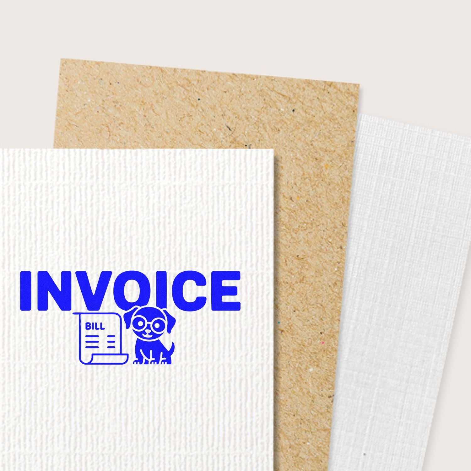 Blue invoice stamp with bill and dog icon on white textured paper, layered over kraft and white seal sheets.