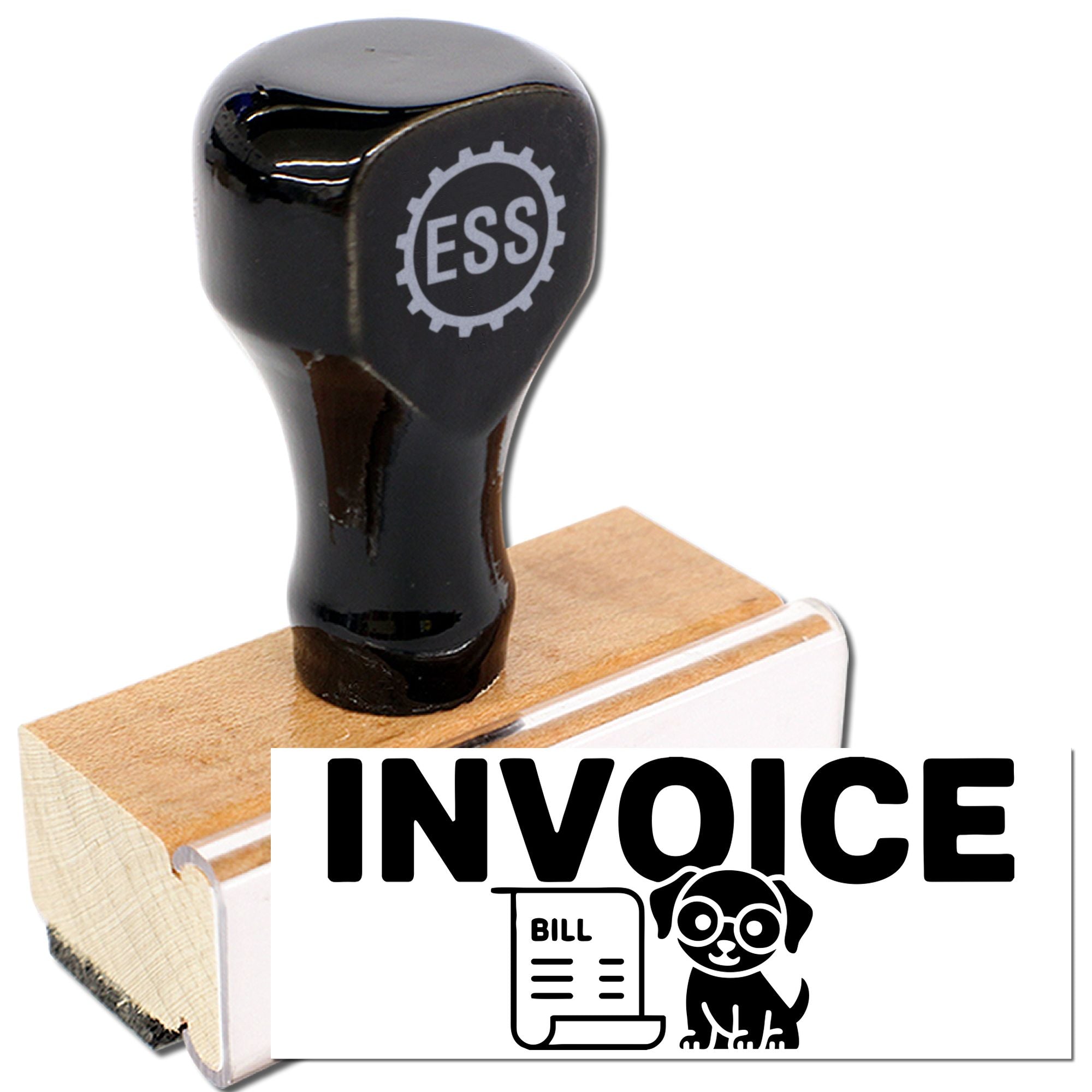Black invoice stamp and seal with wooden handle, white base, and bill icon with dog logo.