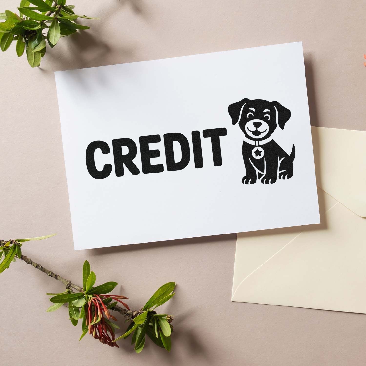 Black CREDIT dog stamp and seal on white card, with cream envelope and green leaves.