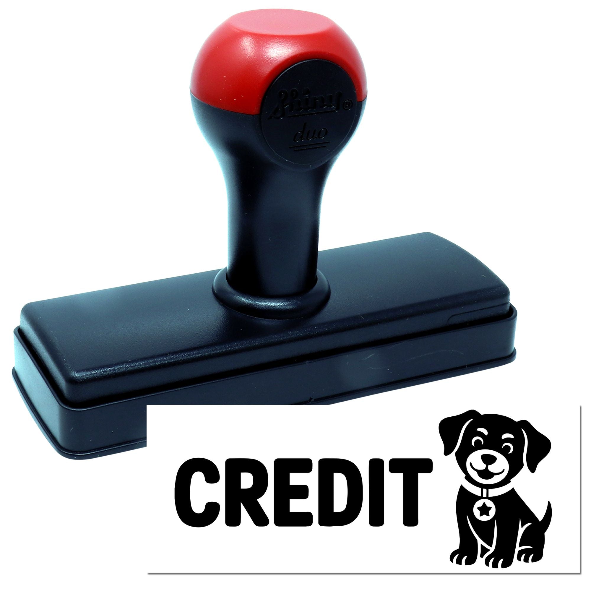 Red and black self-inking credit stamp and seal with dog logo on white background.