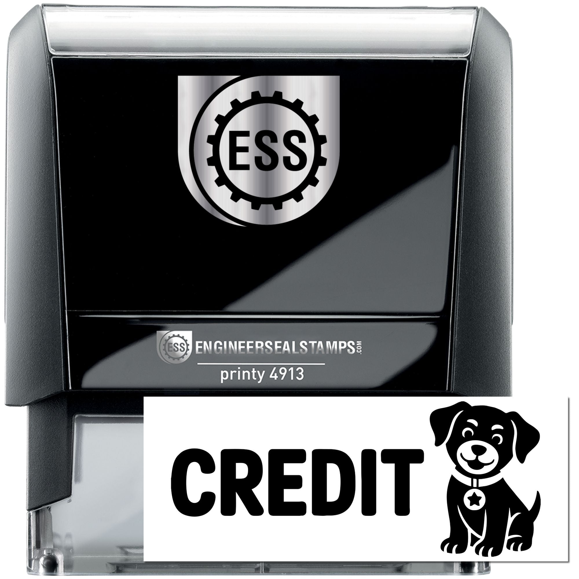 Black self-inking engineer seal stamp with silver ESS logo and CREDIT seal imprint