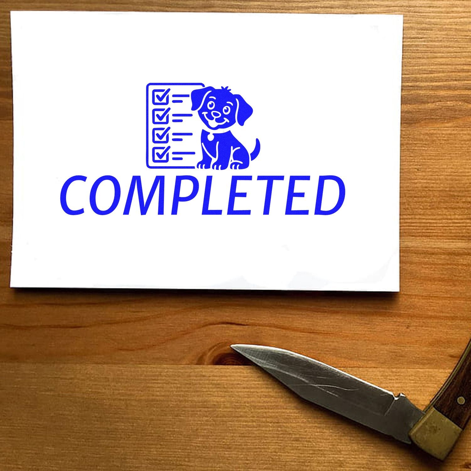 Blue COMPLETED stamp and seal with checklist puppy icon on white card, on a wood table.