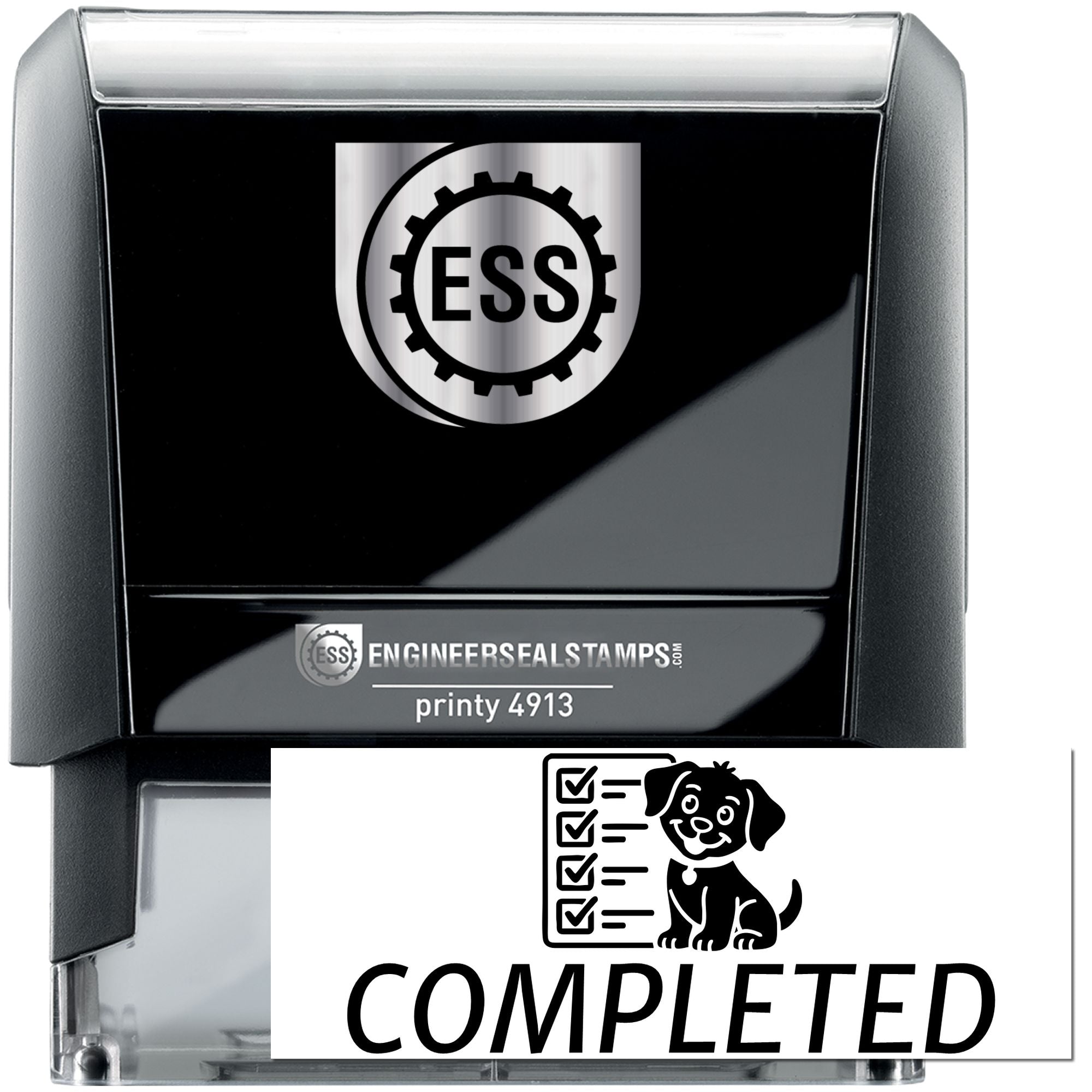 Black self-inking ESS stamp and seal with silver logo, printy 4913, and Completed dog checklist mark.