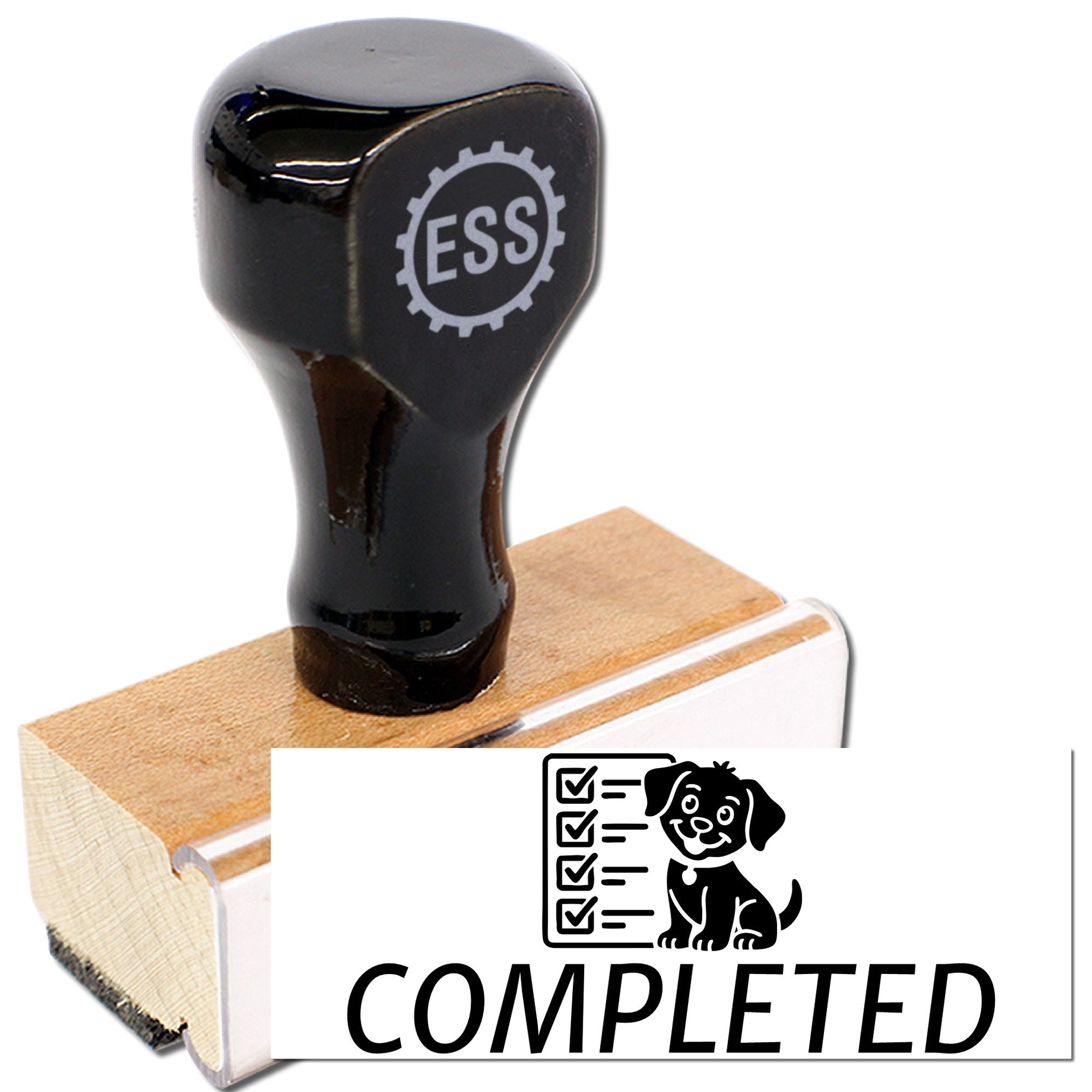 Black rubber stamp and wooden seal block with COMPLETED dog checklist imprint on white background.