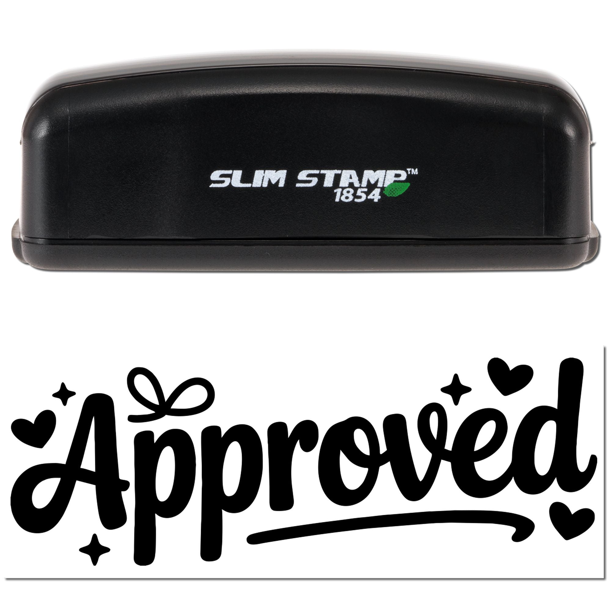Black Slim Stamp 1854 self-inking stamp with bold Approved seal and hearts on a white background.