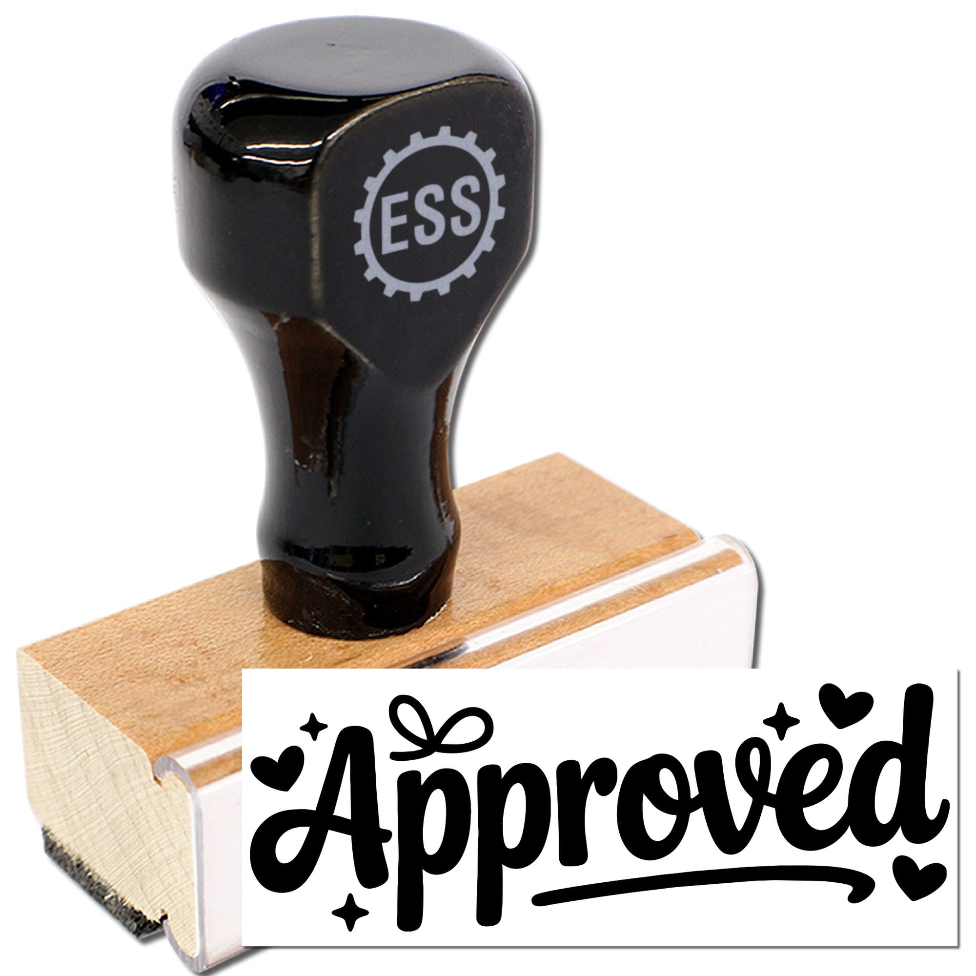 Black rubber seal stamp with ESS logo on a wooden handle, showing a bold Approved imprint with hearts and sparkles.