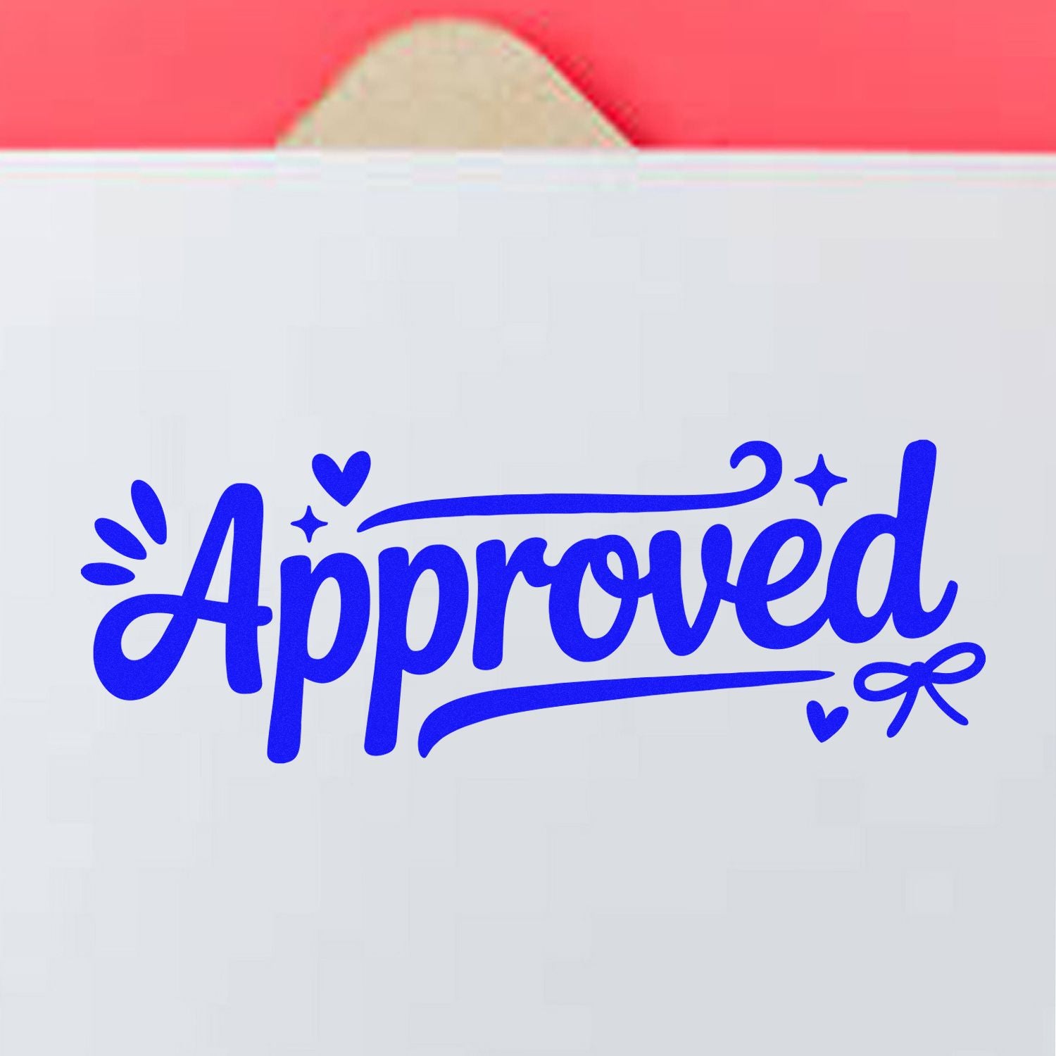 Blue Approved stamp seal on white envelope with pink top tab, featuring hearts, sparkles, and ribbon accents.