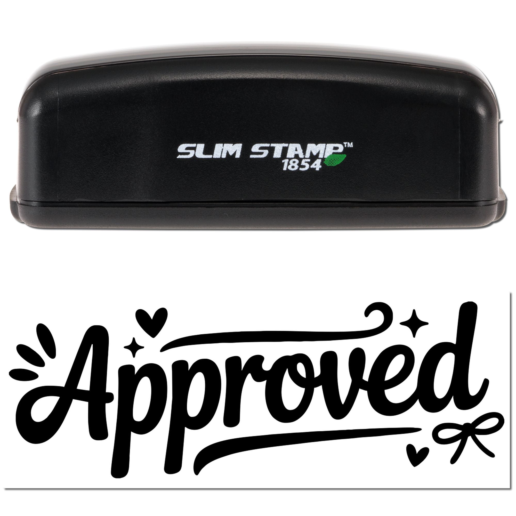 Black Slim Stamp 1854 stamp and seal set with white logo and bold black Approved decorative seal on a white background.