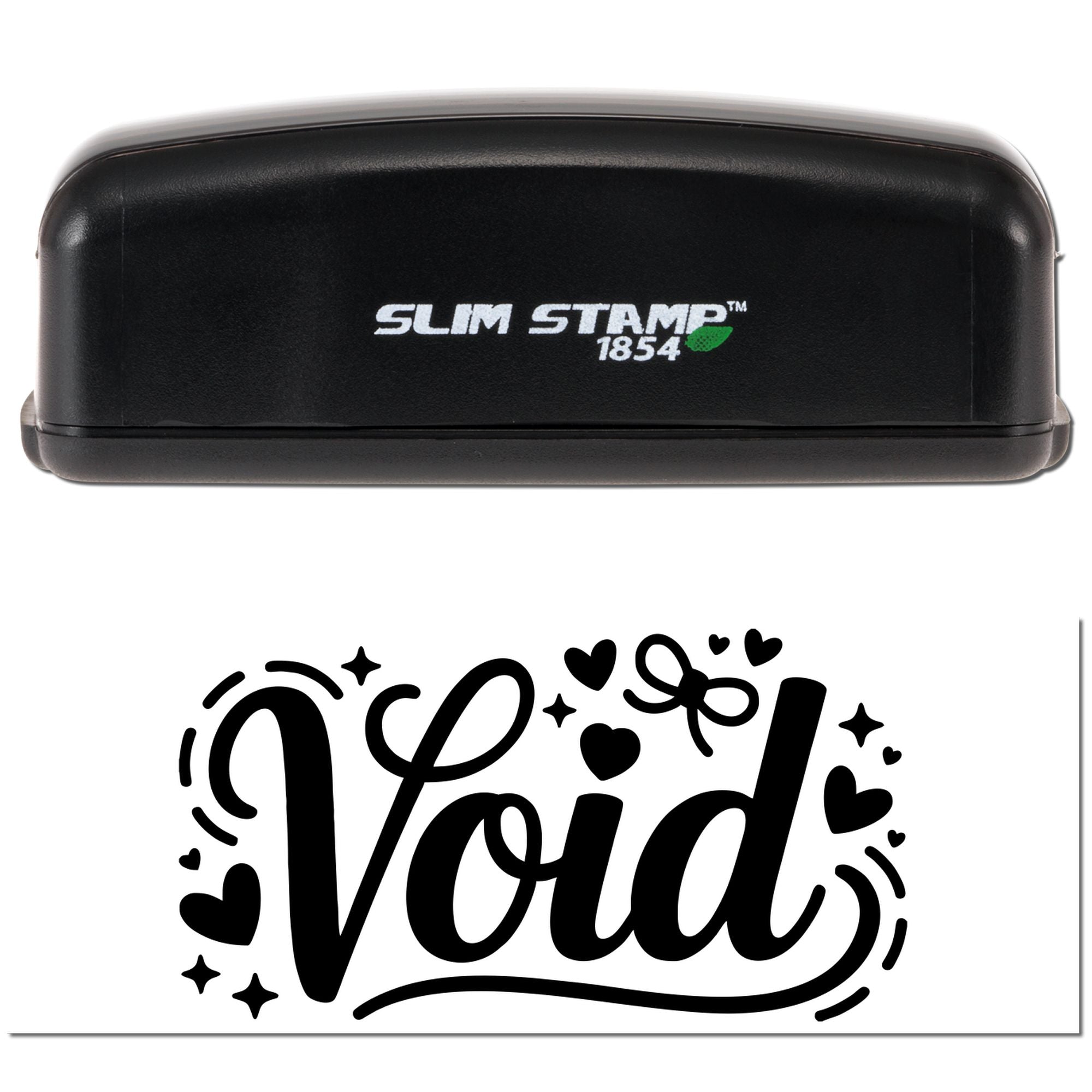 Black Slim Stamp 1854 stamp and a bold black Paid seal with hearts and sparkles on a white background.