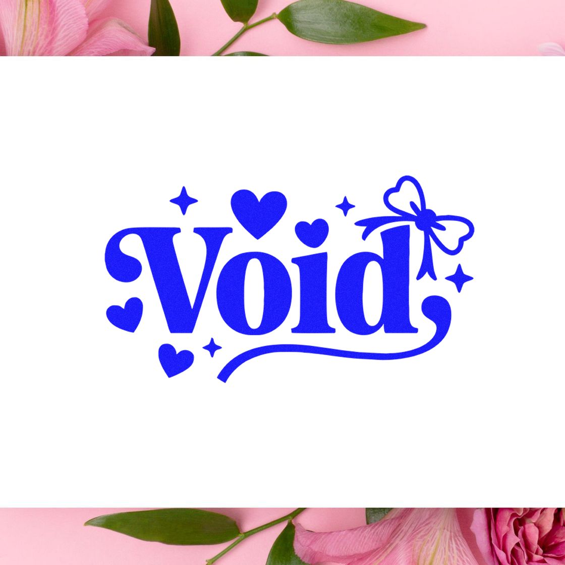 Blue Void decorative stamp seal with hearts, sparkles, and bow on a pink floral background