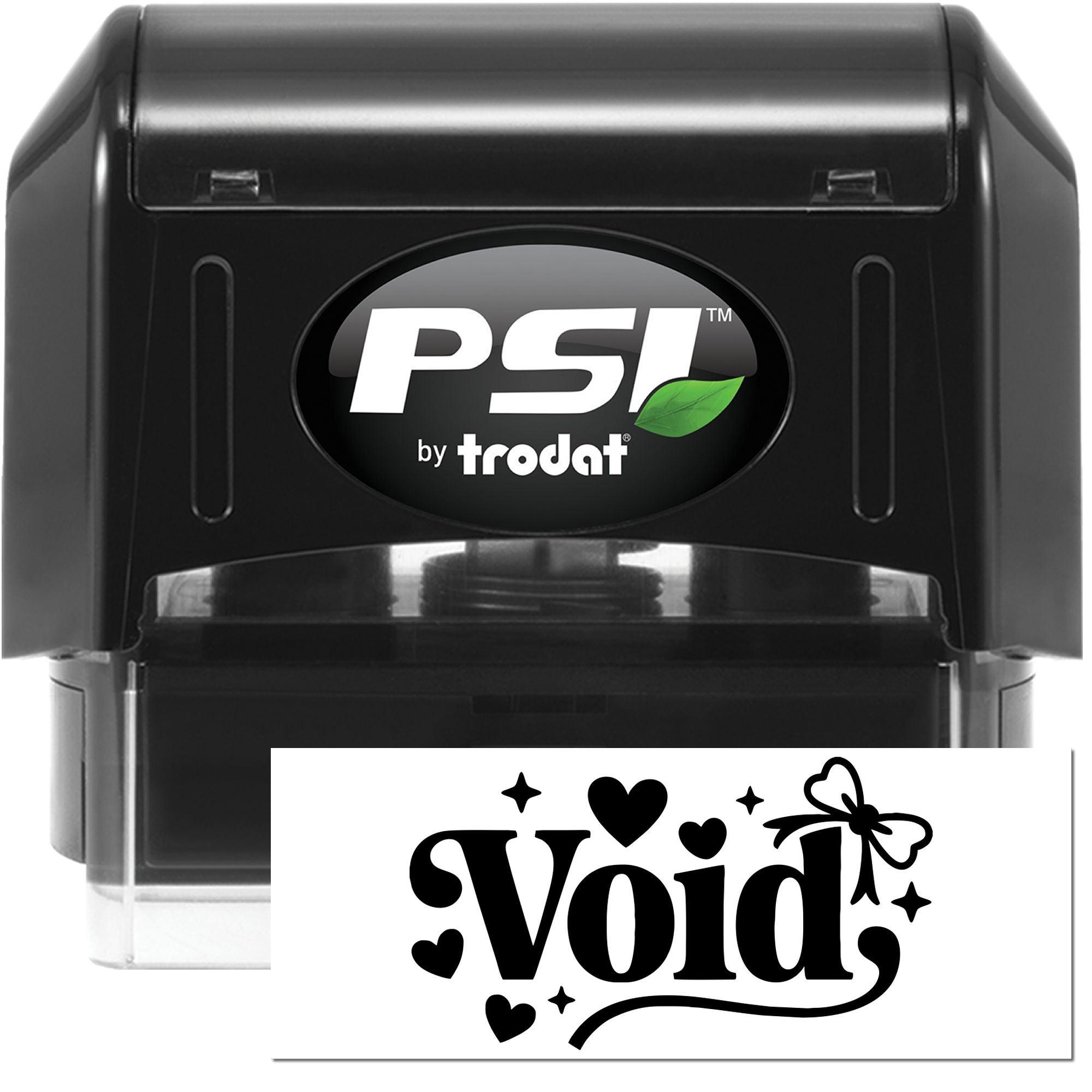 Black PSI by Trodat self-inking stamp and seal with white Void impression, black housing, and heart accents for security marking.