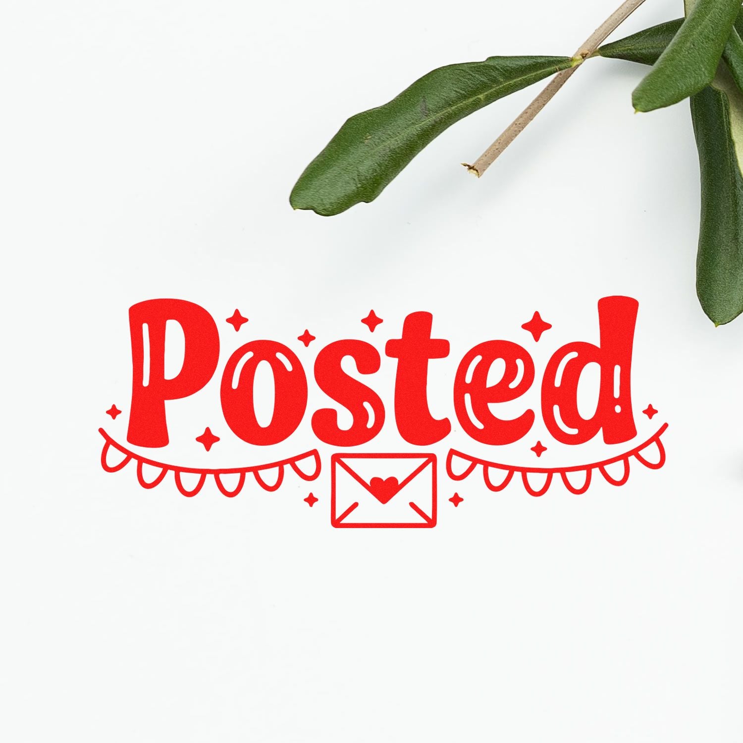 Red Posted! stamp and seal design with envelope icon and decorative flourishes on white, framed by green leaves.