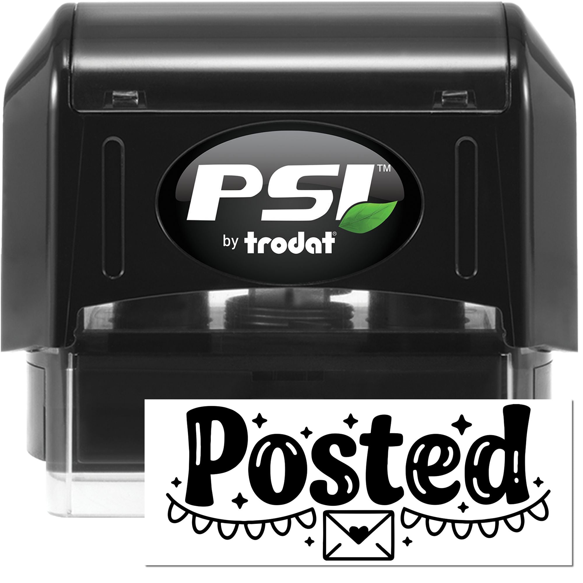 Black PSI by Trodat self-inking stamp with Posted seal design, clear case, and green leaf logo.