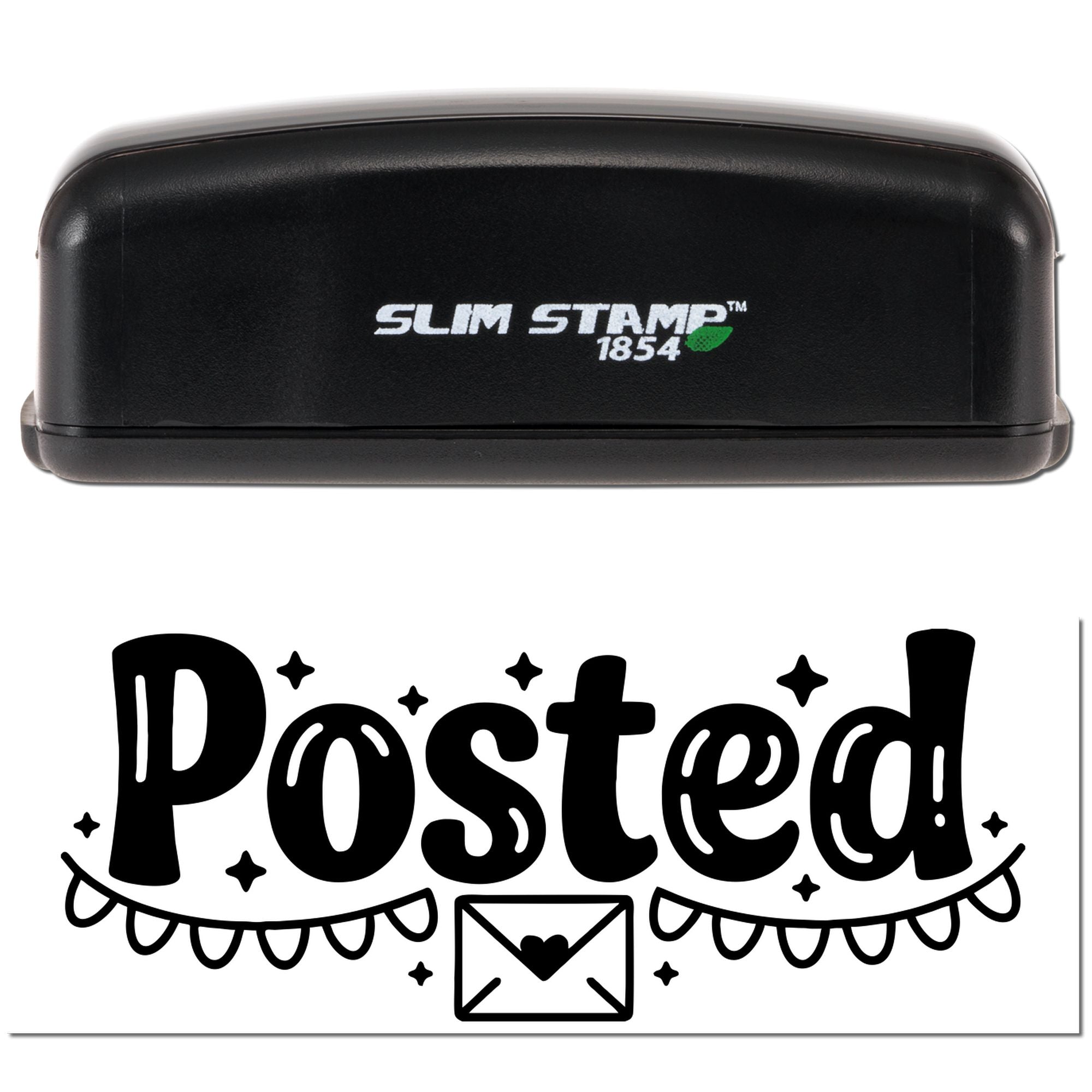 Black Slim Stamp 1854 self-inking stamp above bold Posted seal with envelope heart and decorative stars.