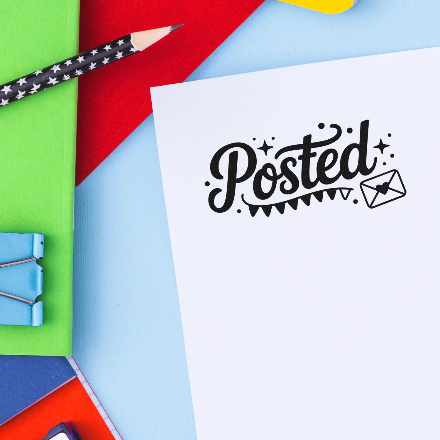 Black Posted stamp and seal on white paper, with envelope icon, against colorful green, red, blue and yellow stationery.