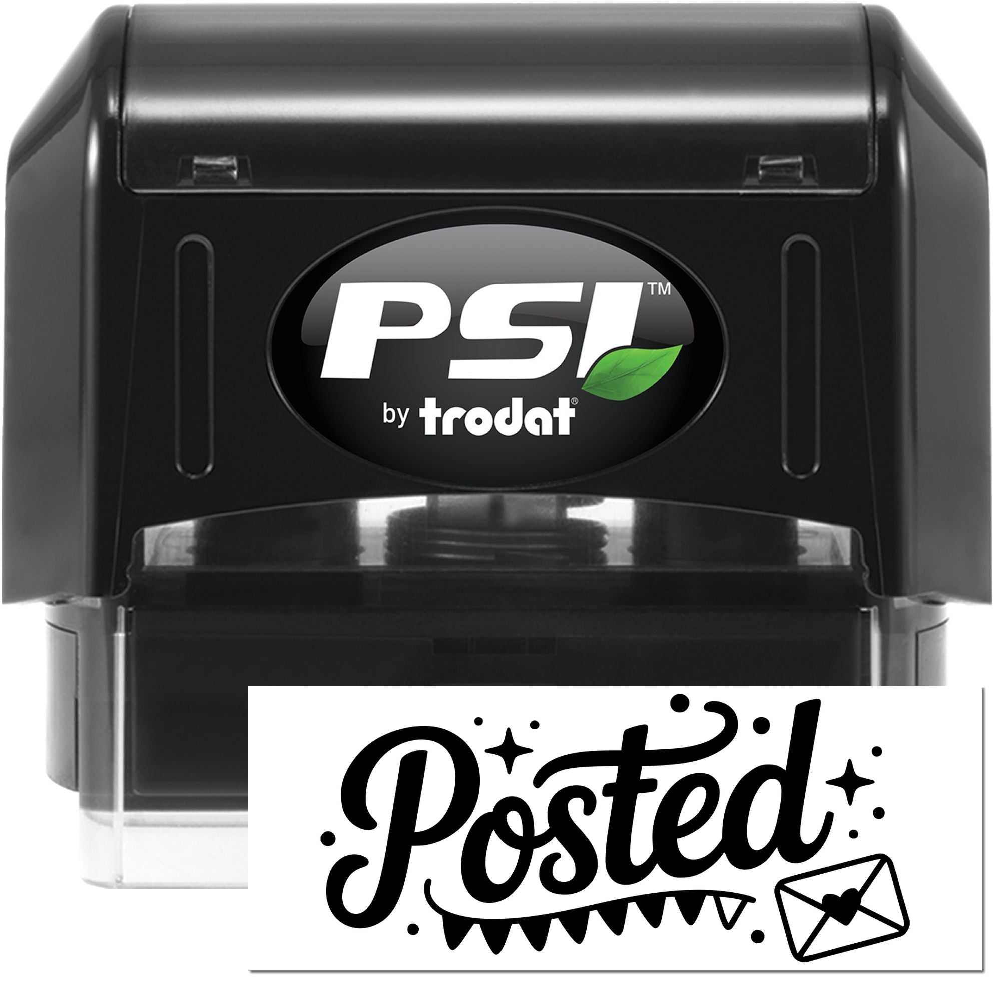 Black PSI by Trodat self-inking stamp and seal with Posted design, green leaf logo, and envelope icon.