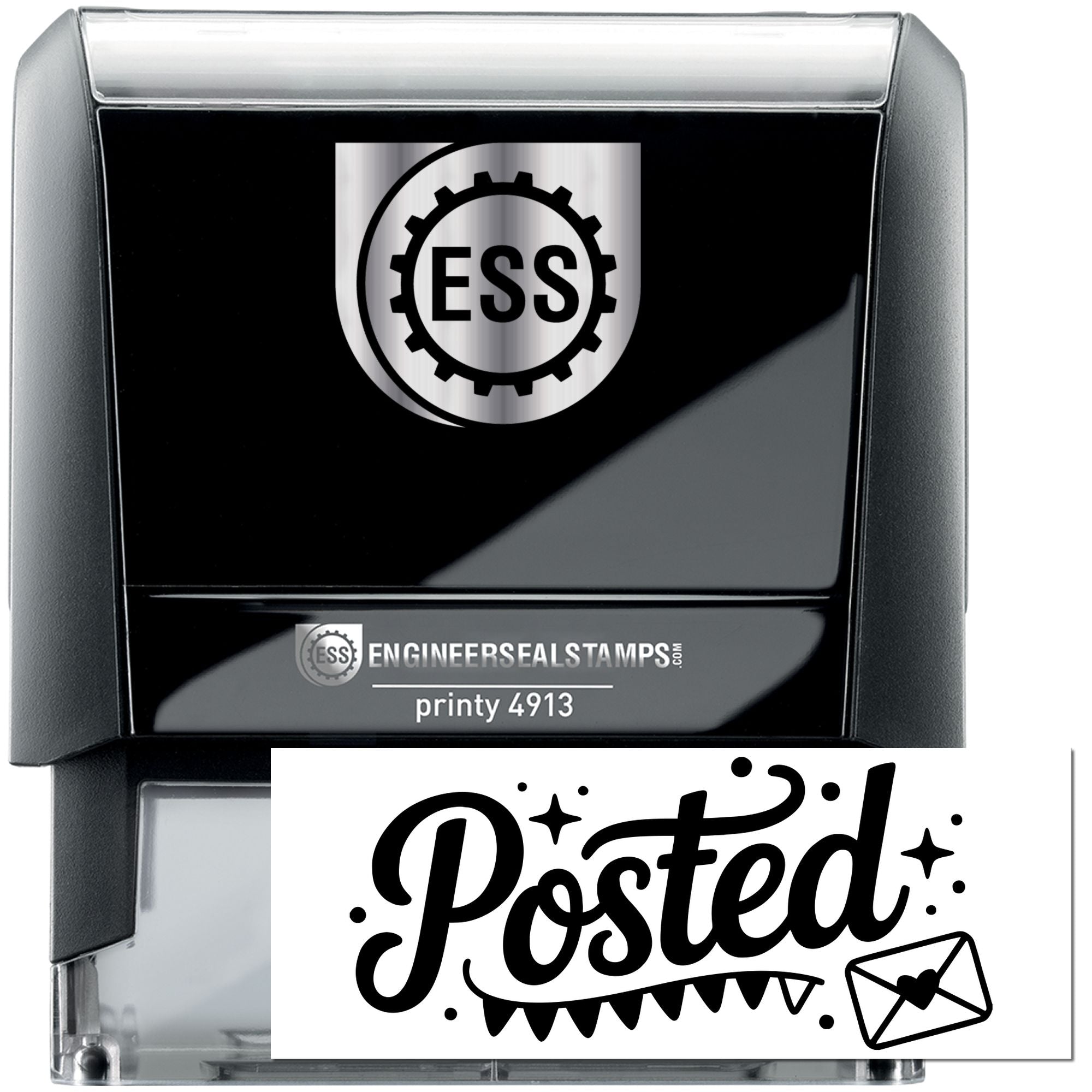 Black ESS self-inking stamp and seal with silver trim, printy 4913, showing a bold Posted mark and envelope icon.