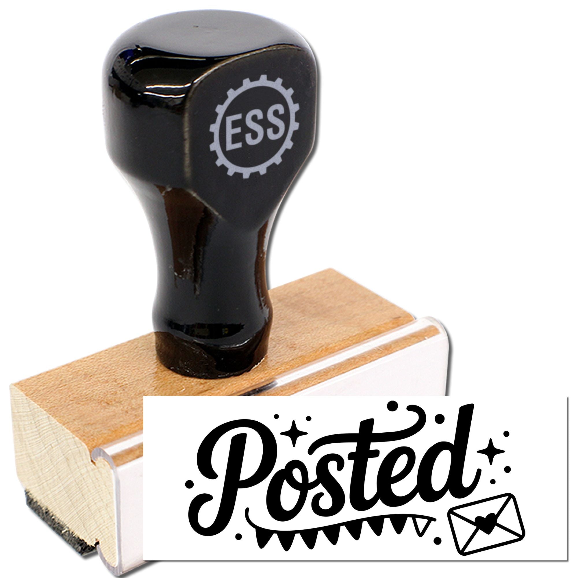 Black rubber stamp seal with ESS logo on wooden handle, showing bold Posted text and envelope icon on white background.