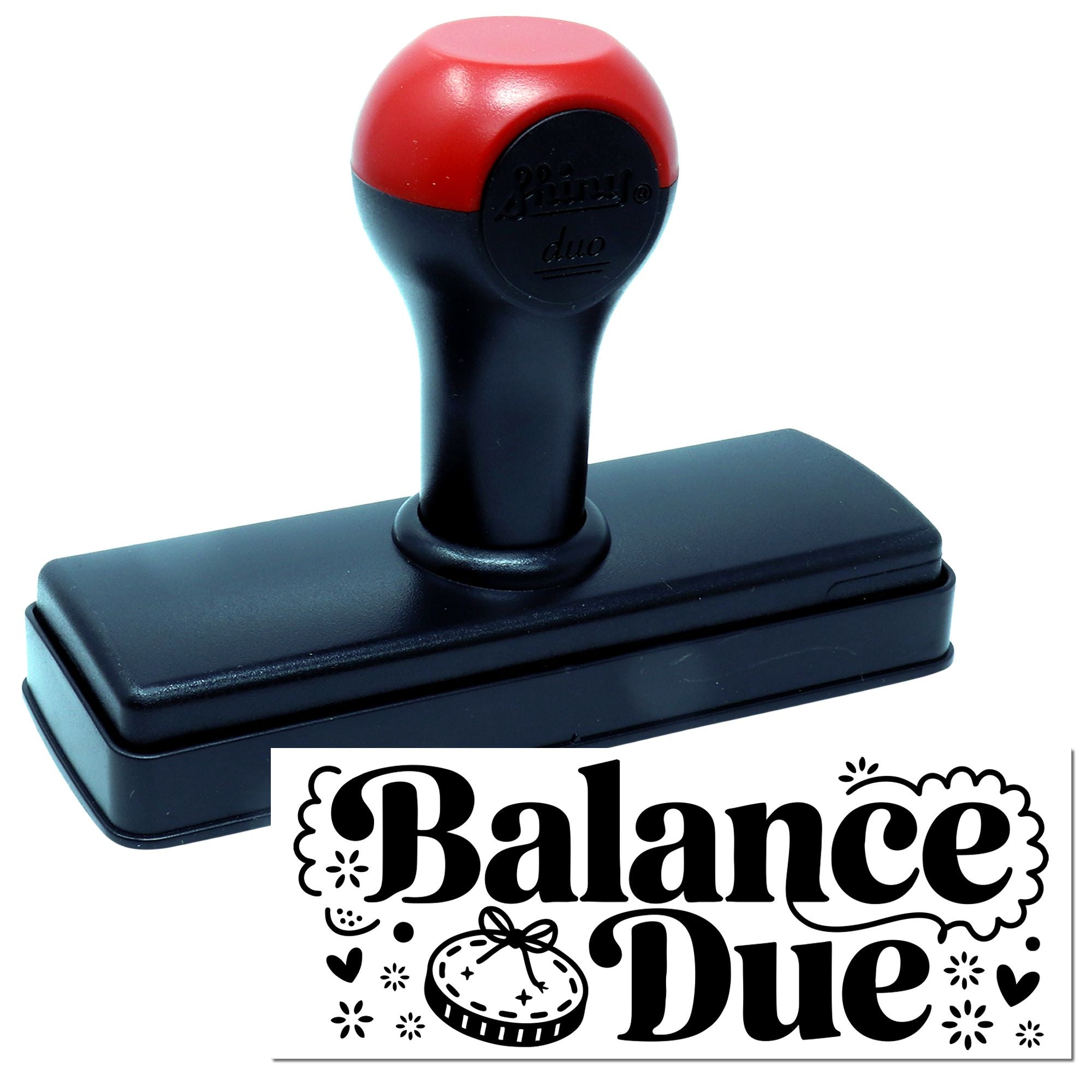 Red and black self-inking stamp with decorative Balance Due seal impression