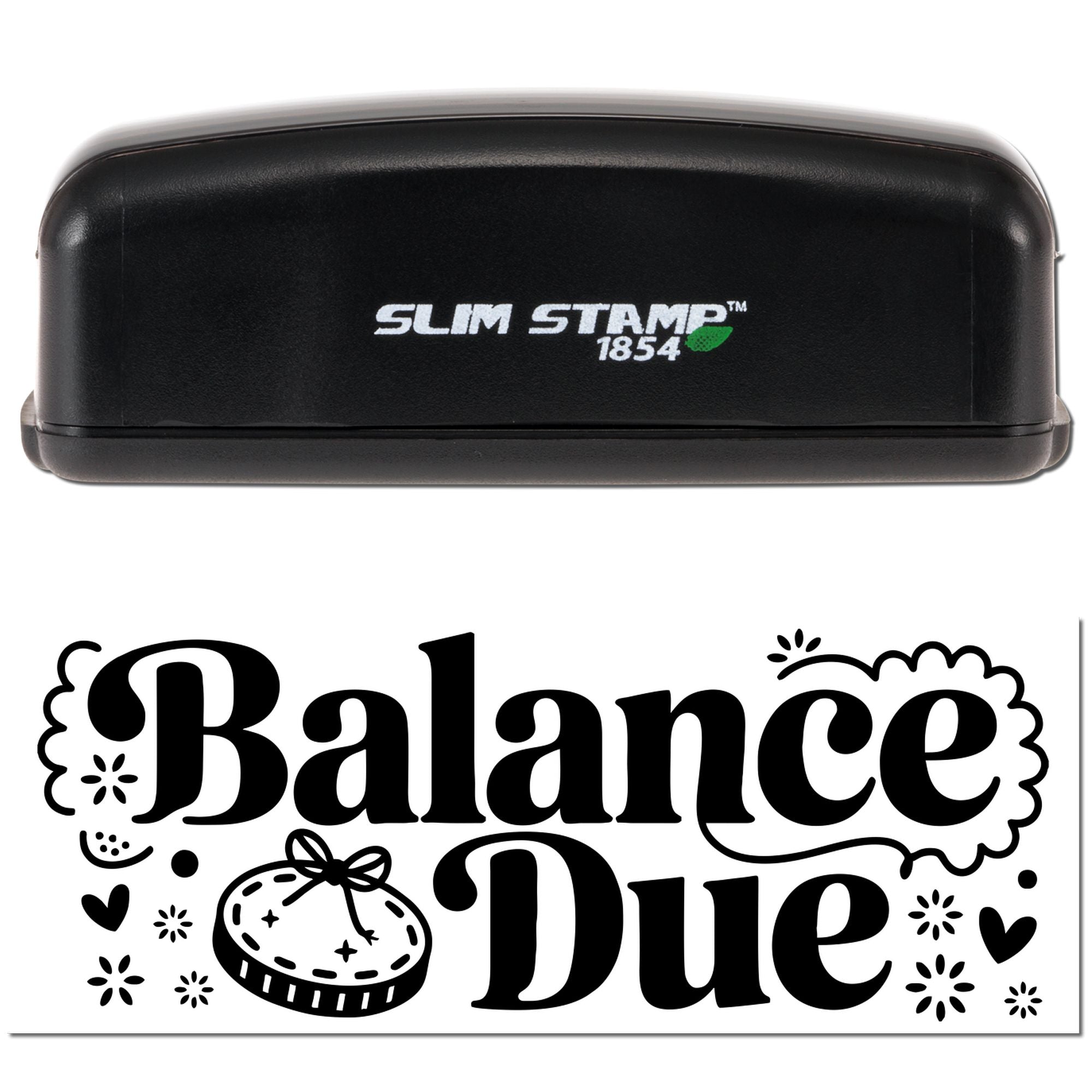 Black Slim Stamp 1854 embossing stamp with decorative Balance Due seal design in black on white background