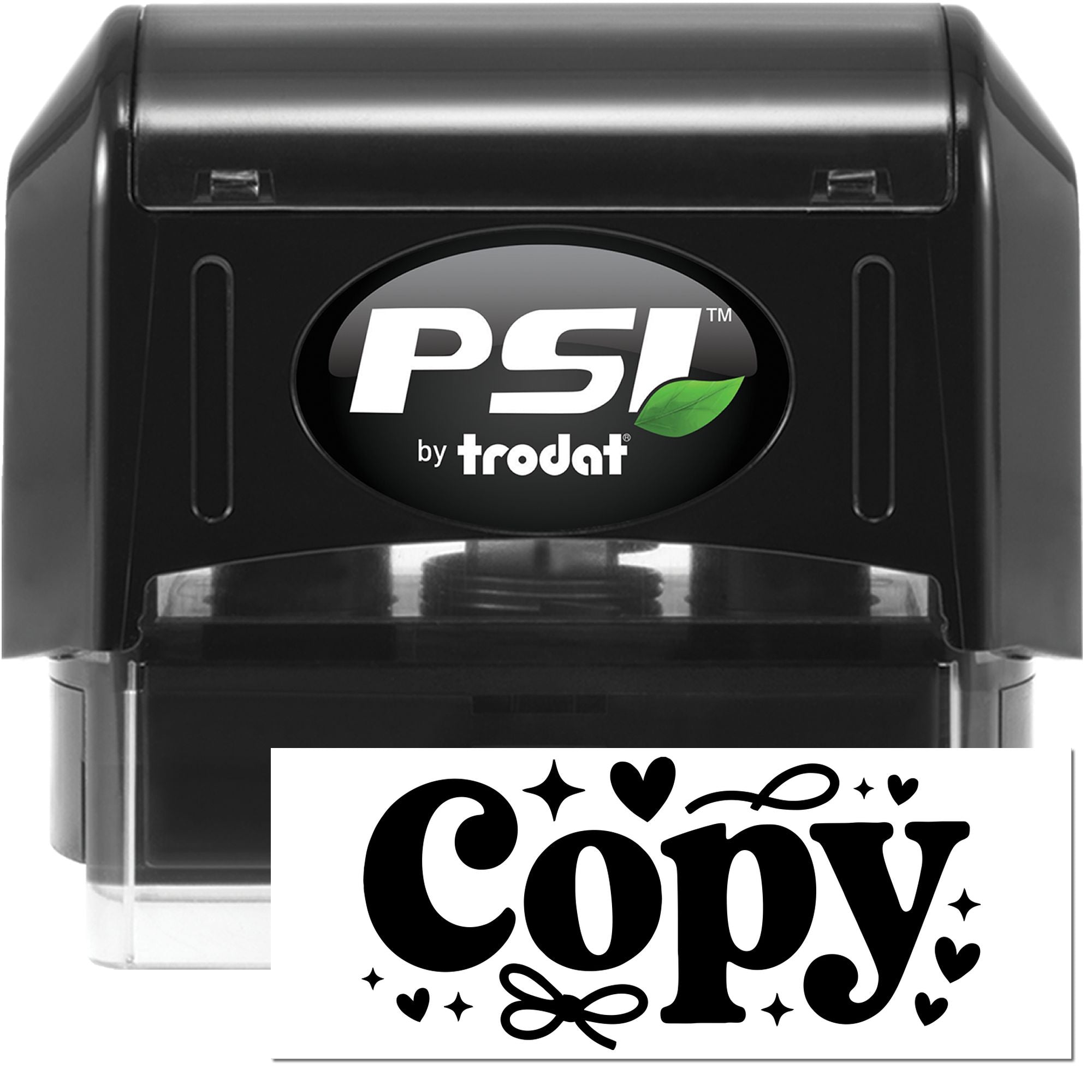Black PSI by Trodat self-inking stamp with green leaf logo and a white Copy seal impression.