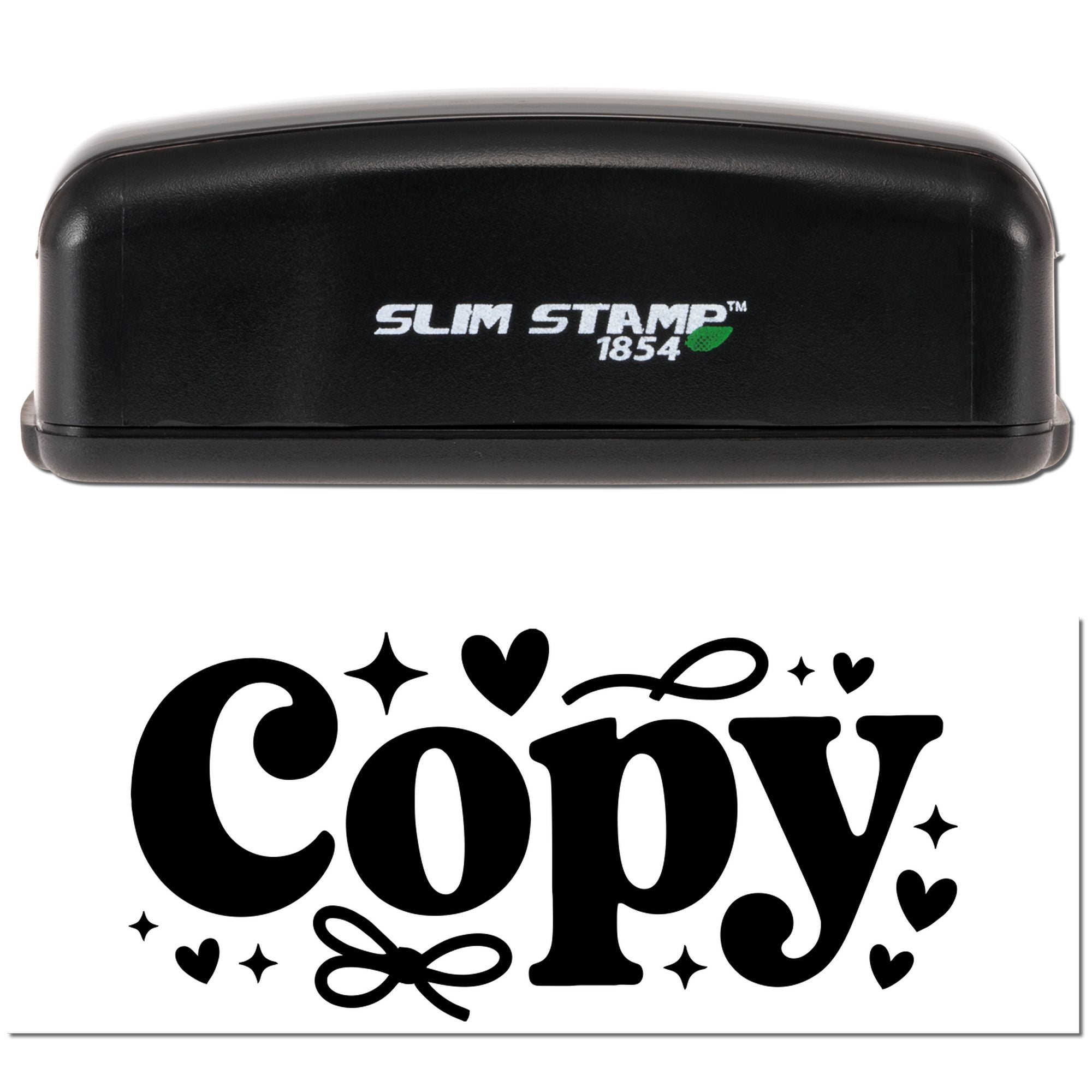 Black Slim Stamp 1854 embosser with decorative Copy seal in bold black, hearts, sparkles, and bows on white.